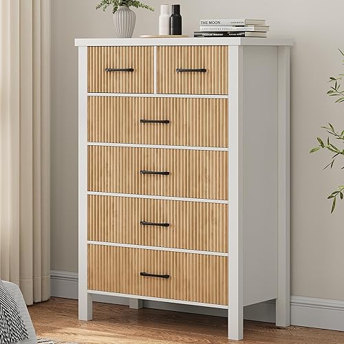 White Dresser 6 Drawer Dresser for Bedroom, Modern Fluted Dresser with Solid Wood Legs, Tall Double Wooden Dresser Large Chest of Drawers for Living Room, Entryway, Hallway (Wood Fluted)