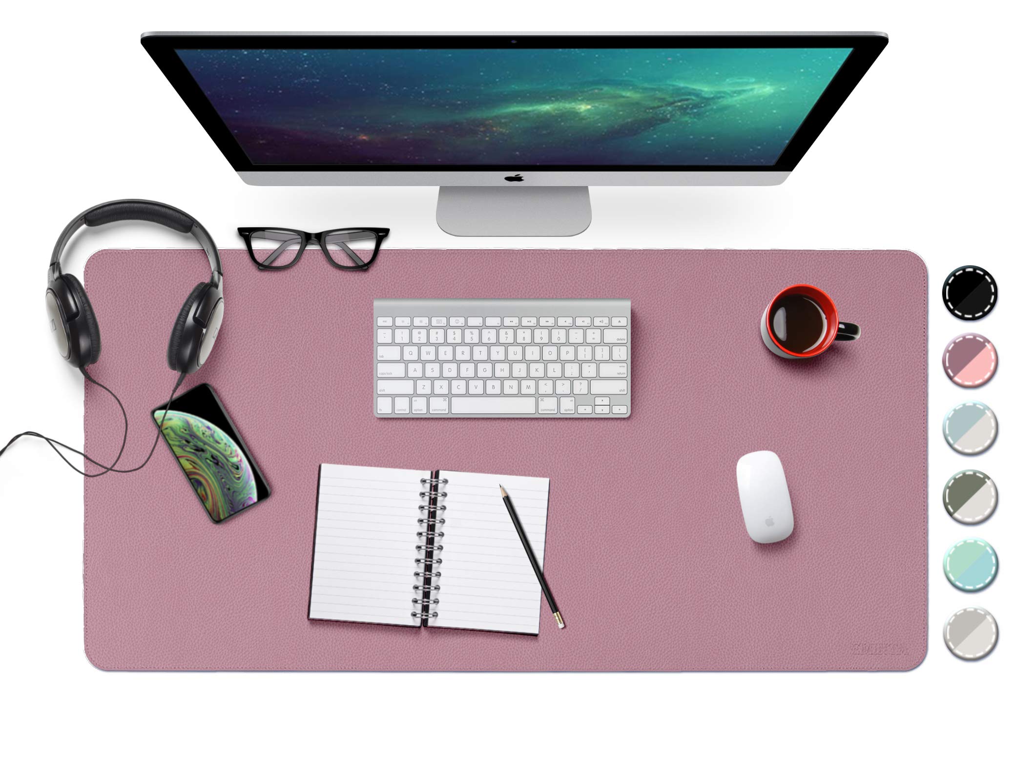 Multifunctional Desk Pad Mat with Sewing Edge, Waterproof PU Leather Large Desk Blotter Mouse Pad Writing Pad for Office and Home, Dual-Sided (Purple/Pink, 80cm x 40cm)