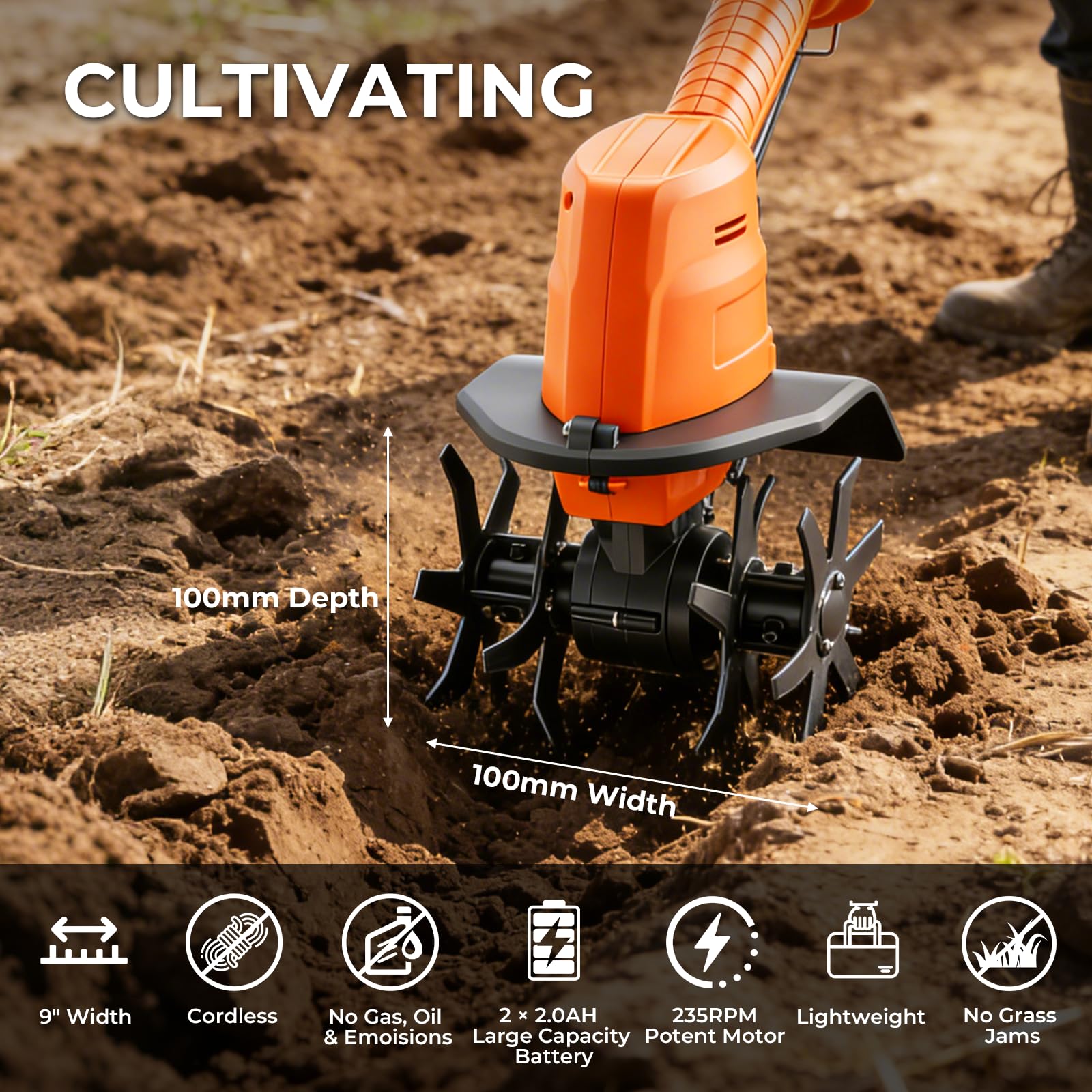 Motocoltivatore elettrico senza fili 21 V 2 in 1 fresa 4 lame 10 cm | 2 batterie da 1500 mAh, manico telescopico 1,3 m, acciaio Manganese, giardino e orto, mini motobèche