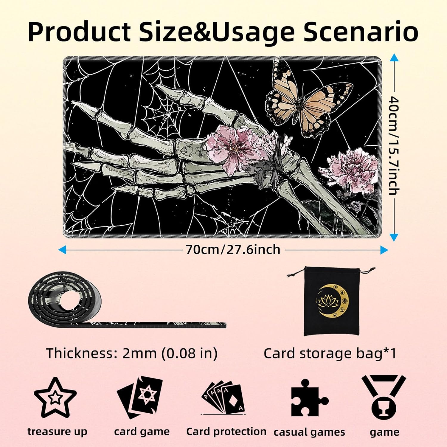 for MTG Playmat in Storage Bag, Commander Board Game Play Mat Desk Pad, Hand-Painted Stitched Edges Aged Map 23.6x13.8 in,Ideal for TCG/MTG/CCG/RPG Game Playmat, Hand Skeleton Flower