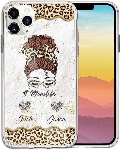 Funda personalizada para teléfono con texto en inglés "Mom Life", diseño de leopardo y moño, 2 niños con nombre de 1 a 5 niños, compatible con