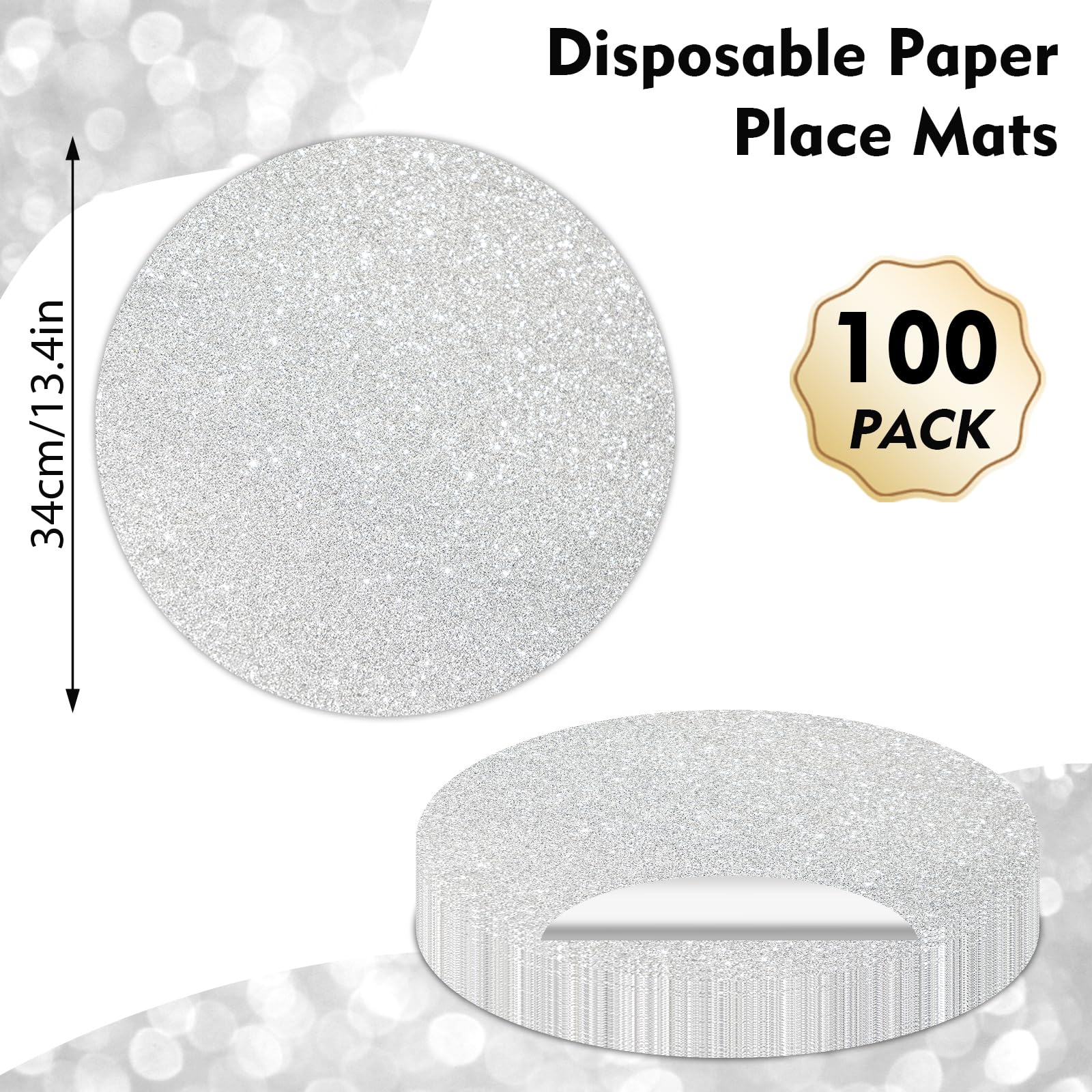 100 manteles individuales de papel con purpurina plateada desechables de 13.4 pulgadas, redondos, decorativos, para banquetes de cumpleaños, bodas, suministros de fiesta de Navidad, vajilla de comedor