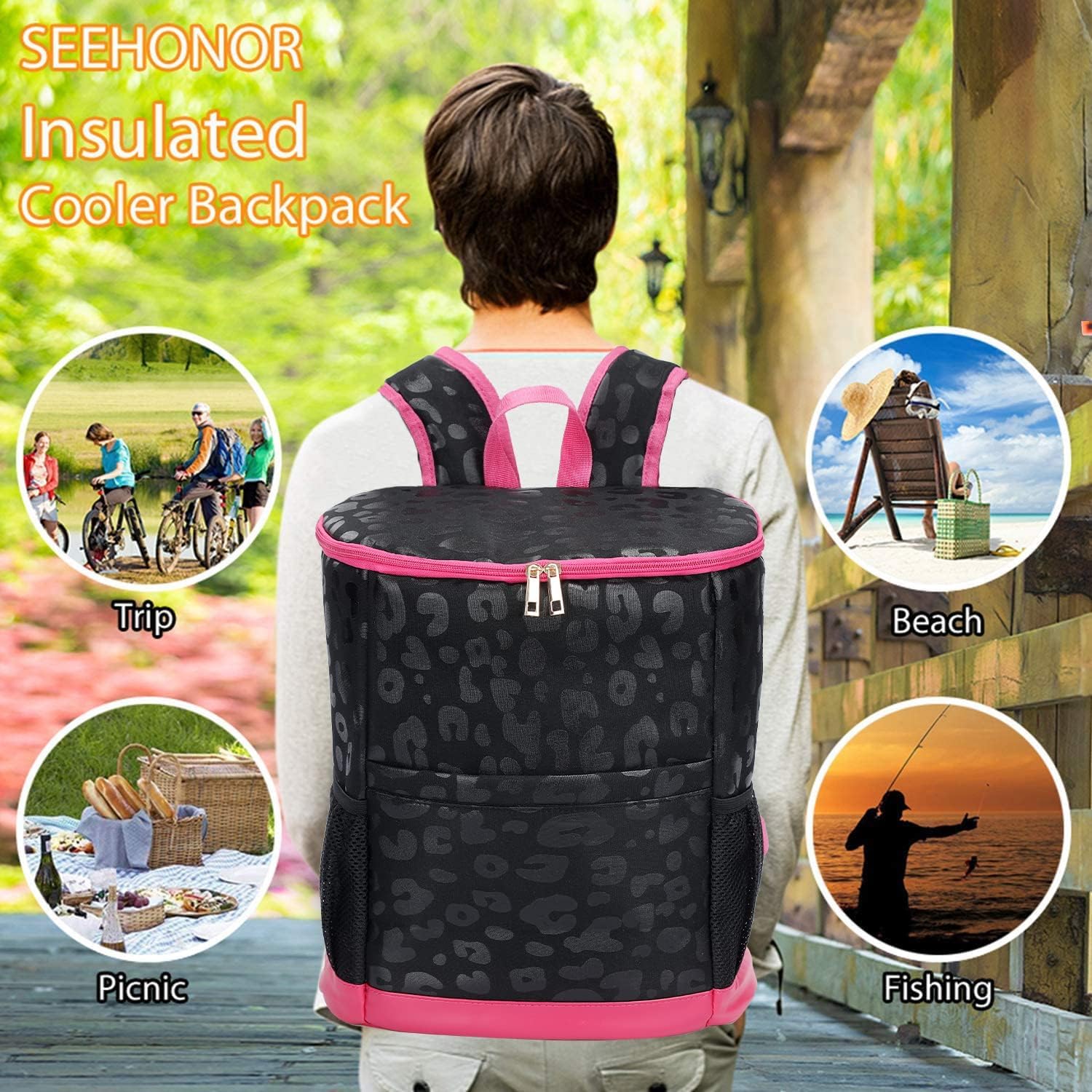 Leopard Camping Cooler Backpack Ice Chest Lunch Backpack 24 Cans Insulated Leak Proof Soft Beach Cooler Bag for Men Women Camping Hiking Picnic Travel Summer