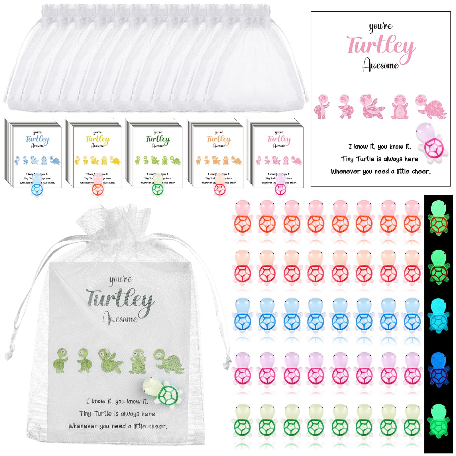 50 Sets You're Turtley Awesome Inspirational Gift 50 Luminous Mini Resin Turtles 50 Turtle Greeting Cards and 50 Organza Bags for Staff Coworkers Employee Appreciation Pocket Favors