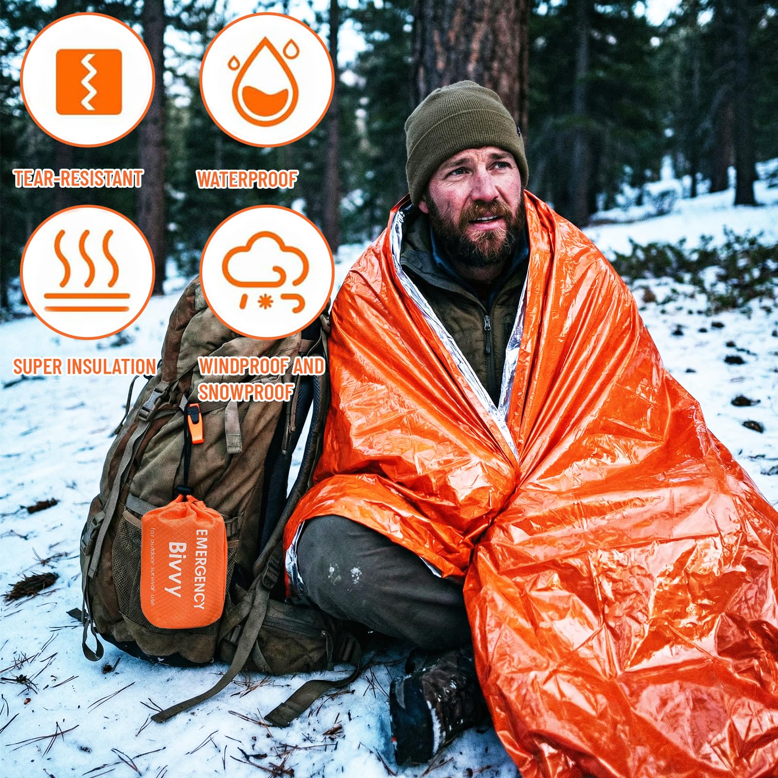 Sacco a Pelo di Emergenza, Telo Termico Sopravvivenza, Coperta Termica per Esterni, Coperta di Emergenza Impermeabile, Ultraleggero, Caldo e Resistente al Freddo (Arancione/3 pezzi)