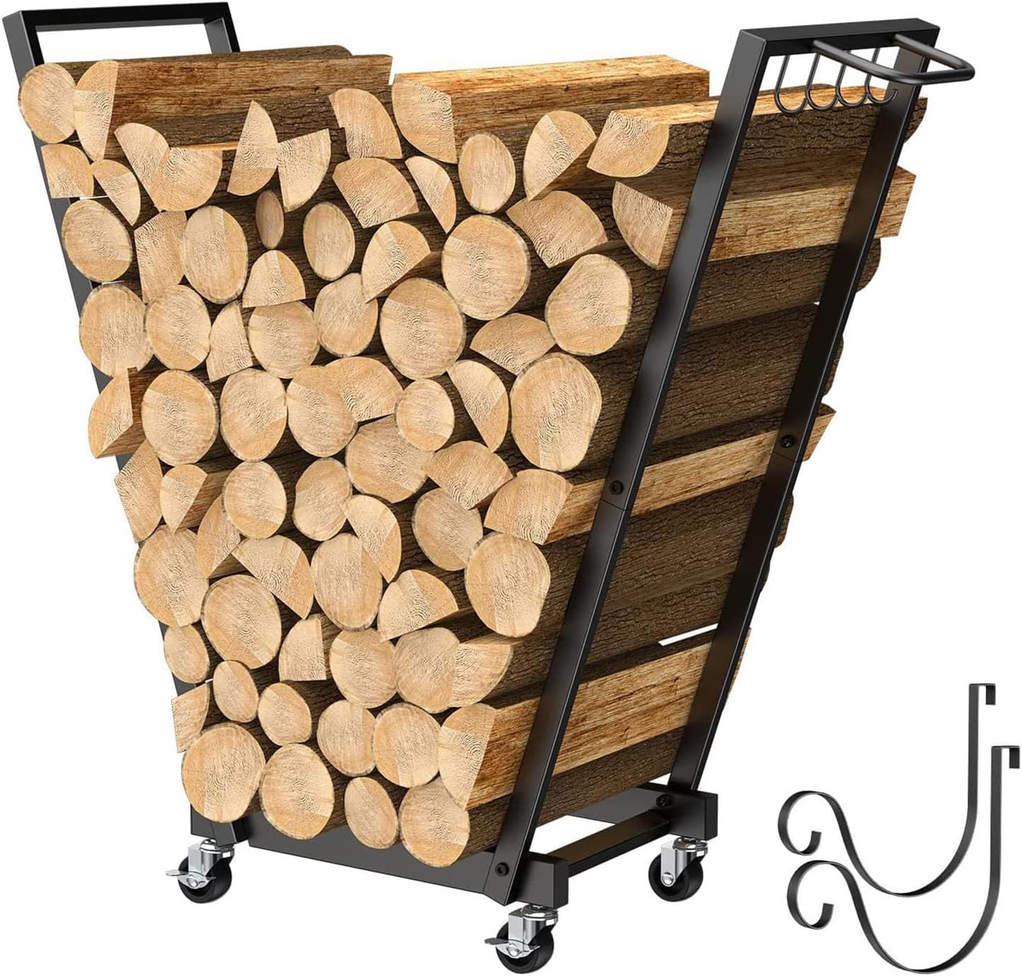 Firewood Rack On Wheels, Rolling Cart Log Holder, With 4 Hooks & Removable Kindling Rack, Movable Fire Wood Storage Stacker Stand, For Outdoor Indoor Fireplace