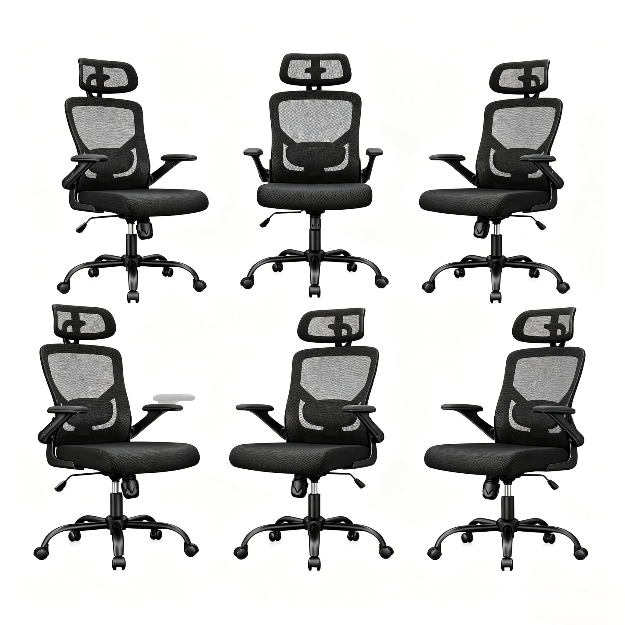 Marsail Ergonomic Mesh Office Chair High Back Desk Chair Adjustable Lumbar Support with Headrest Flip-Up Liftable Arms Swivel Computer Task Chair,6PCS