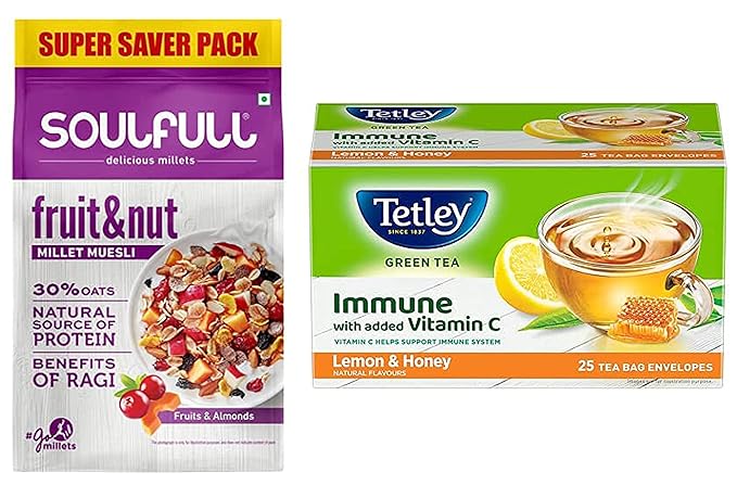 Millet Muesli Fruit & Nut with Almonds & Real Fruits, 700 g & Tetley Green Tea Immune with Added Vitamin C, Lemon and Honey, 25 Tea Bags