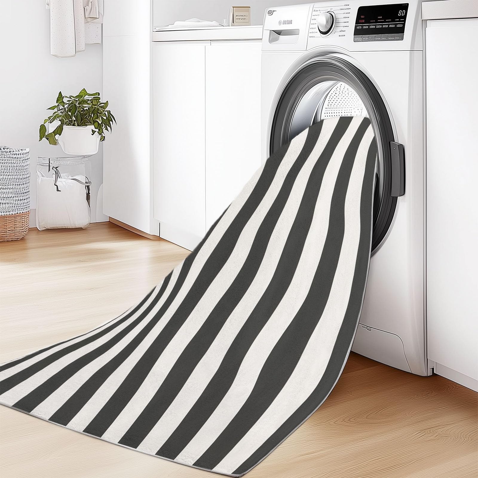 Tapis Lavable en Machine 140 x 200 cm Élégance Moderne Horizontale Et Rayée Tapis Poils Courts Anti-Poussière – Design Élégant et Antidérapant – Parfait pour Salon, Chambre et Couloir, Noir Et Blanc