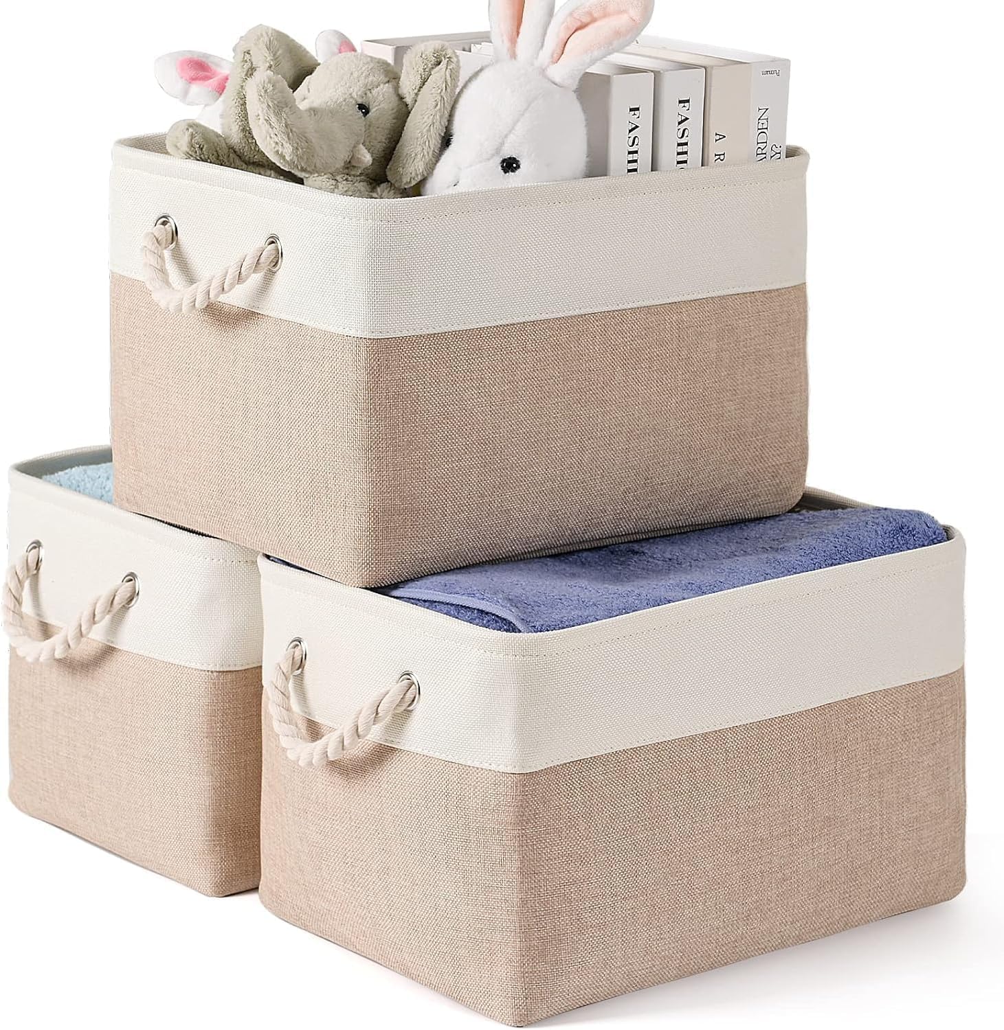 Storage Basket Bins,3 Pack Rectangular Collapsible Baskets with Handles, Fabric Storage Baskets for Shelves,Canvas Storage Baskets for Closet, for Toys,Books,Gifts (White&Khaki)