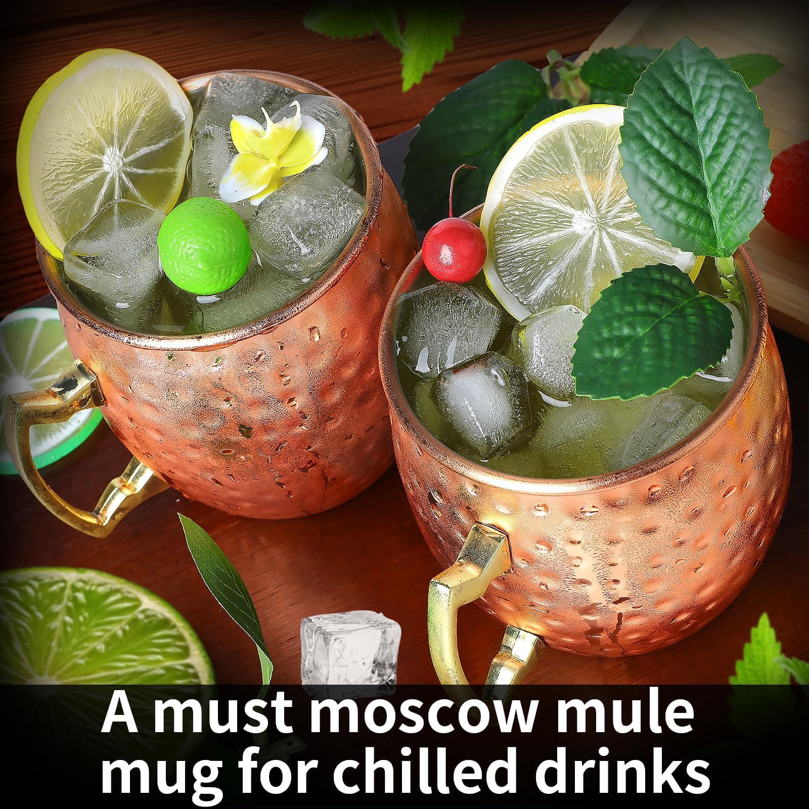 Moscow Mule, set di 12 tazze in rame placcato, 540ml, grandi tazze in acciaio inox martellato, con 1 misurino doppio da 30ml, 12 cannucce in acciaio inox, per bevande fredde e cocktail