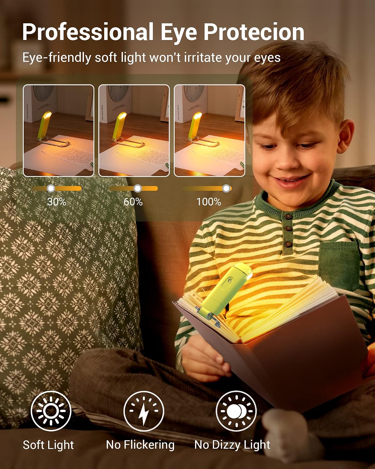 DEWENWILS Book Reading Light, Amber Book Light for Reading in Bed, USB Rechargeable, 3 Brightness Levels, Blue Light Blocking, LED Clip-on Reading Light for Kids, Bookworms (Green)