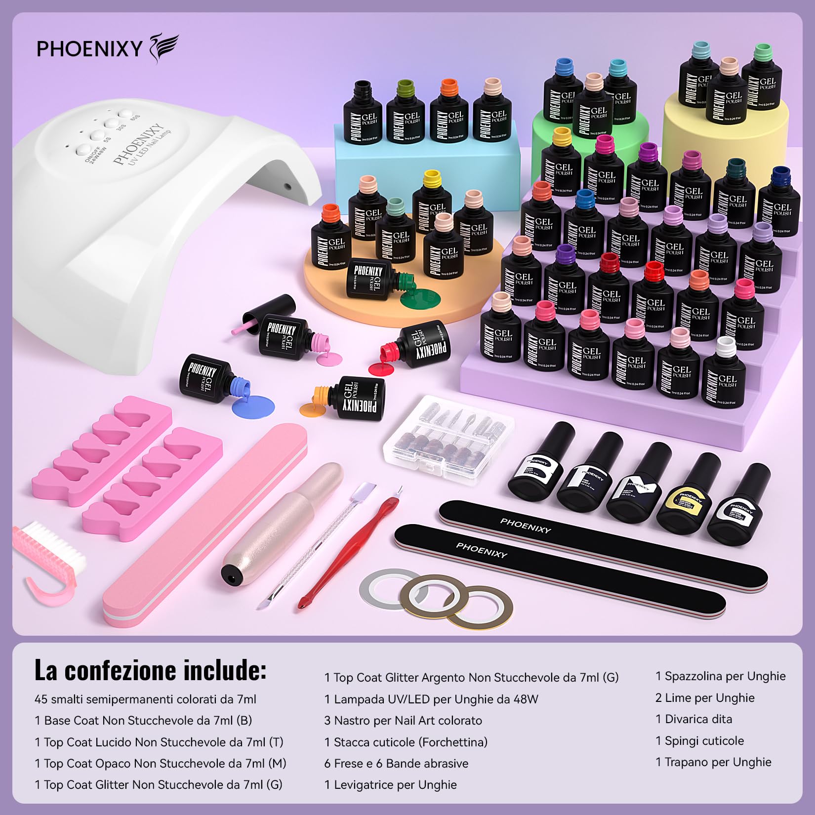 PHOENIXY 66Pz Kit Unghie Gel Completocon Lampada UV e Fresa | 45 Colori Smalto Semipermanente Unghie, kit semipermanente unghie con 4 Top Coats Regalo per Donne