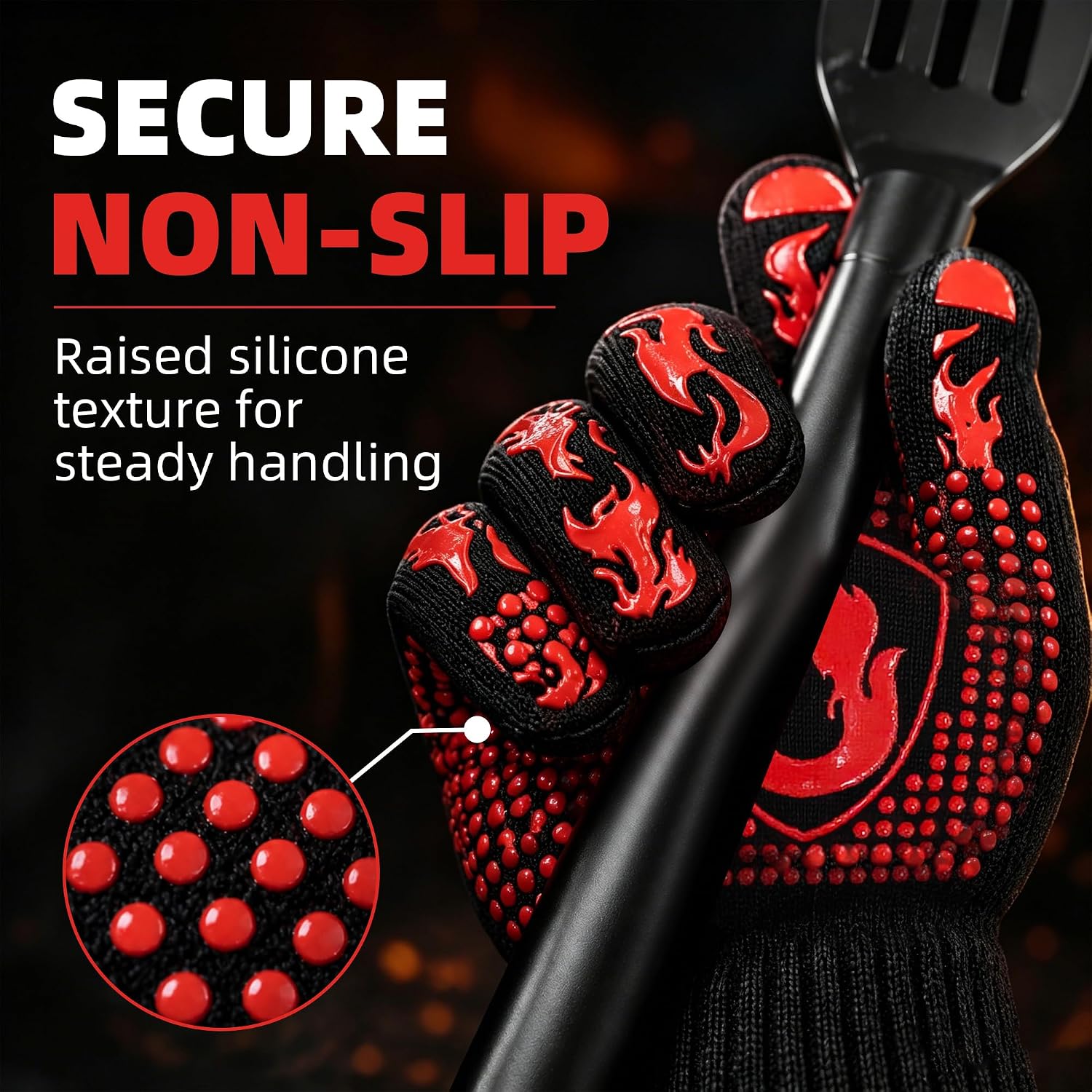BBQ Oven Gloves,1472°F, Double-Sided Silicone, Non-Slip Super Grip, Heat Resistant, 3-Layer Heat Resistant, with Hanging Hook Kitchen for Cooking, Grilling, and Baking(Red) image 3