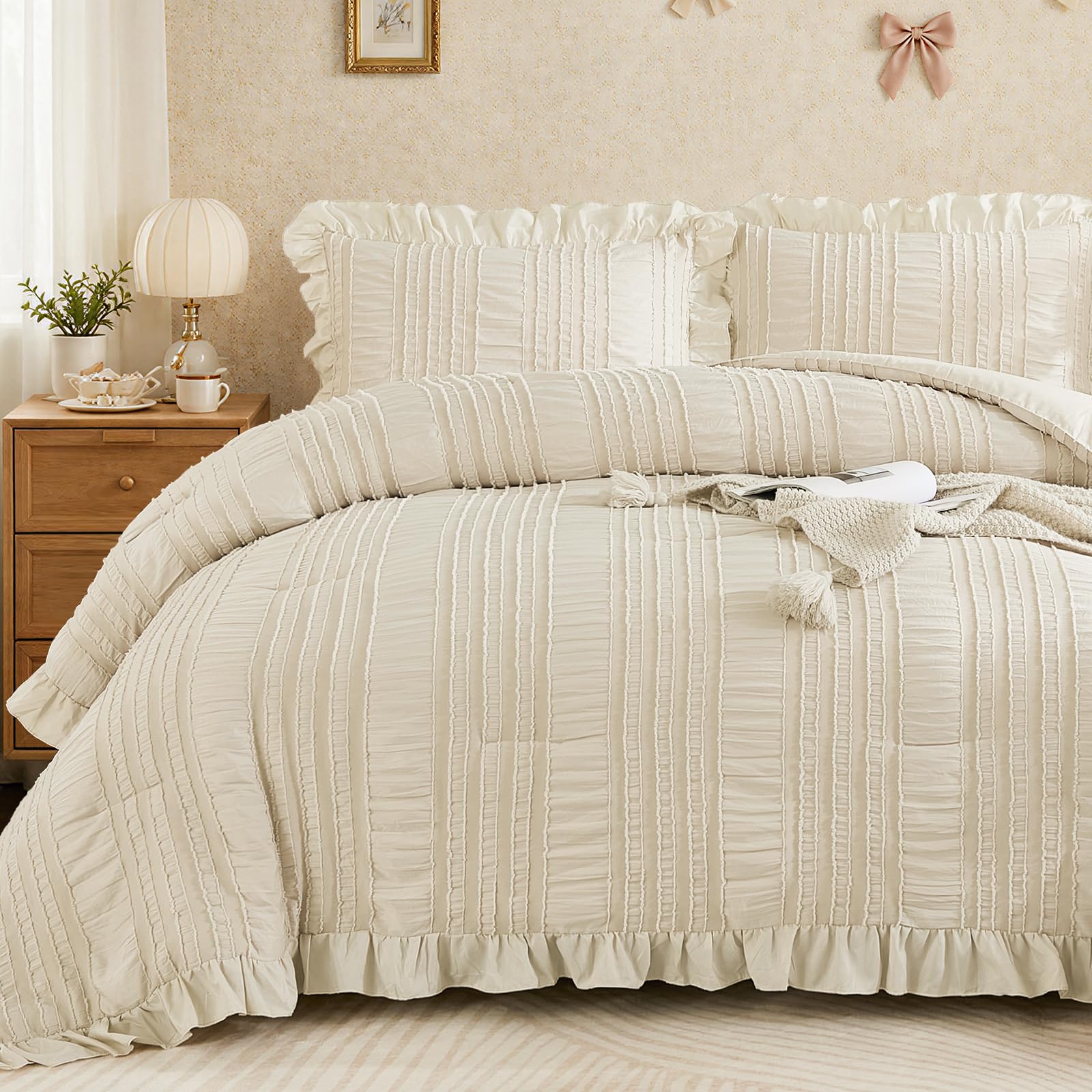 WONGS BEDDING Beige Ruffle Queen Comforter