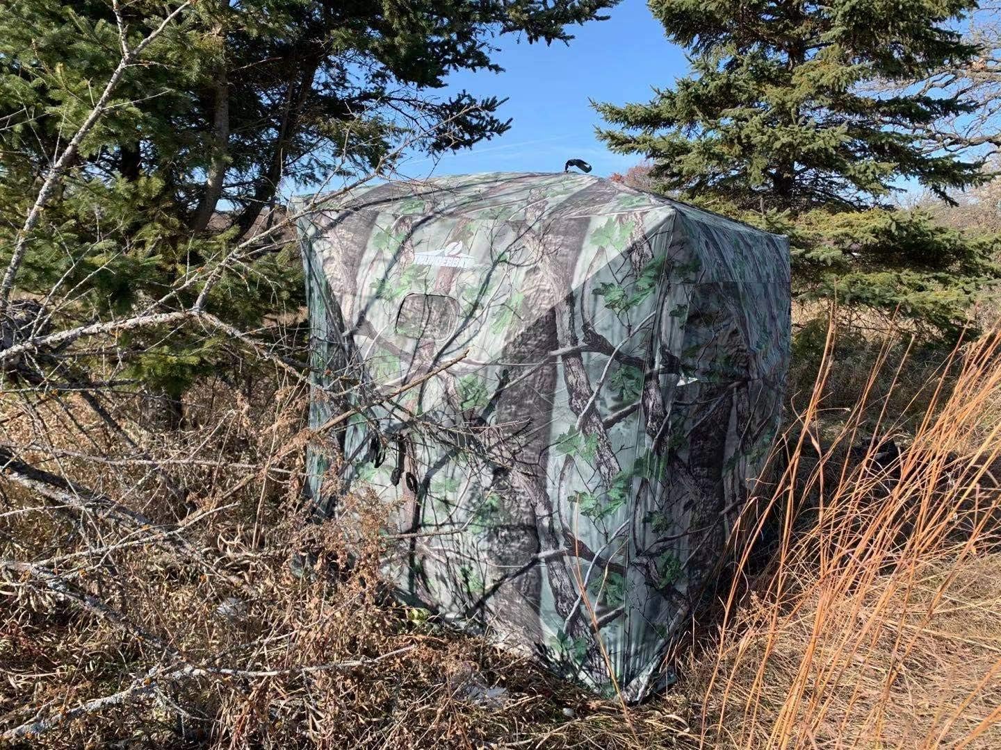 See Through Hunting Blind Combo with 2 Chairs, 3 Person Pop Up Ground Blinds 180 Degree, 300D Durable Hunting Tent for Deer & Turkey Hunting (Camouflage), Floor Space 58" x 58"