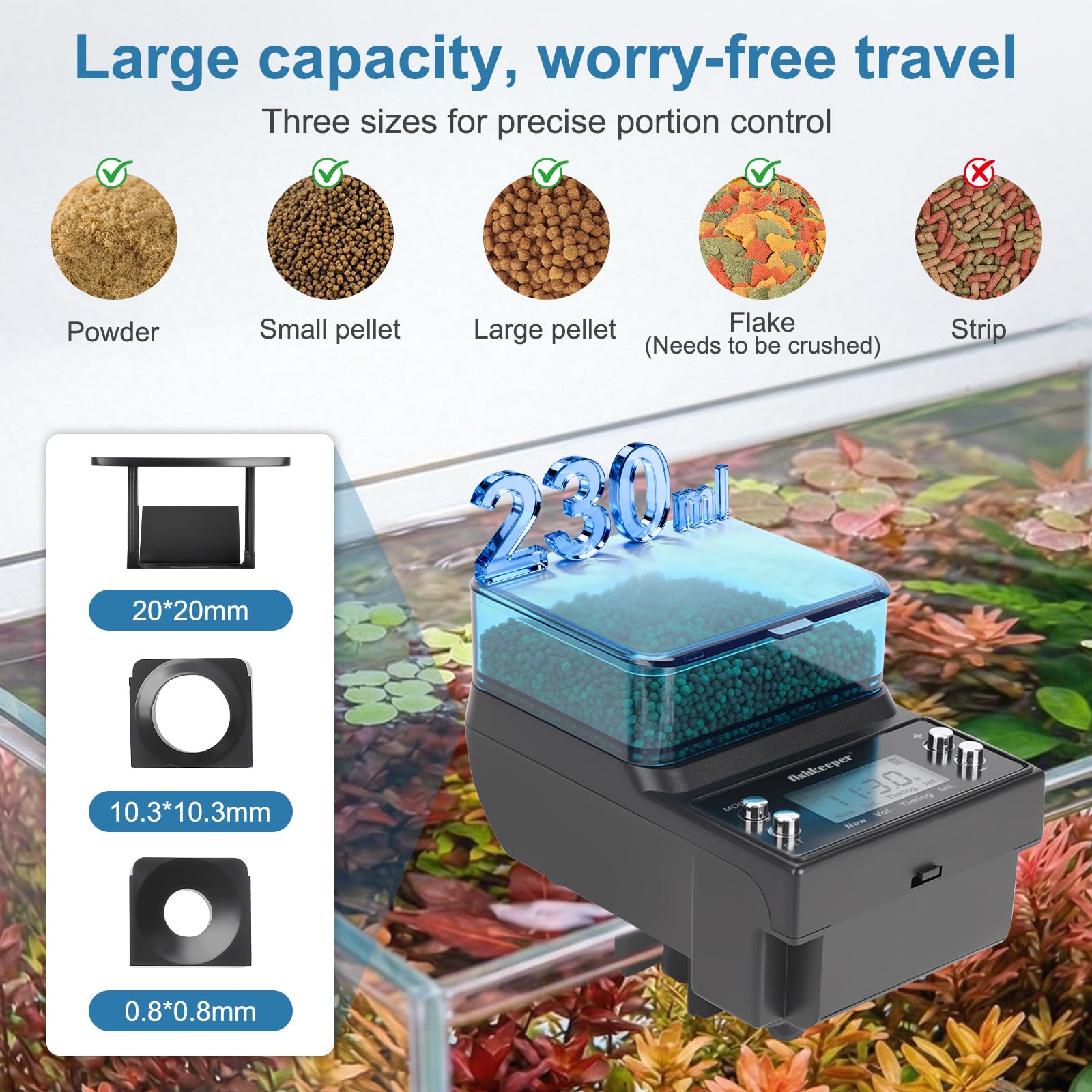 Fishkeeper Alimentador automático de peces recargable, 3 modos de alimentación, dispensador automático de acuario USB para pellets, copos de polvo, con pantalla LCD de batería de litio para vacaciones