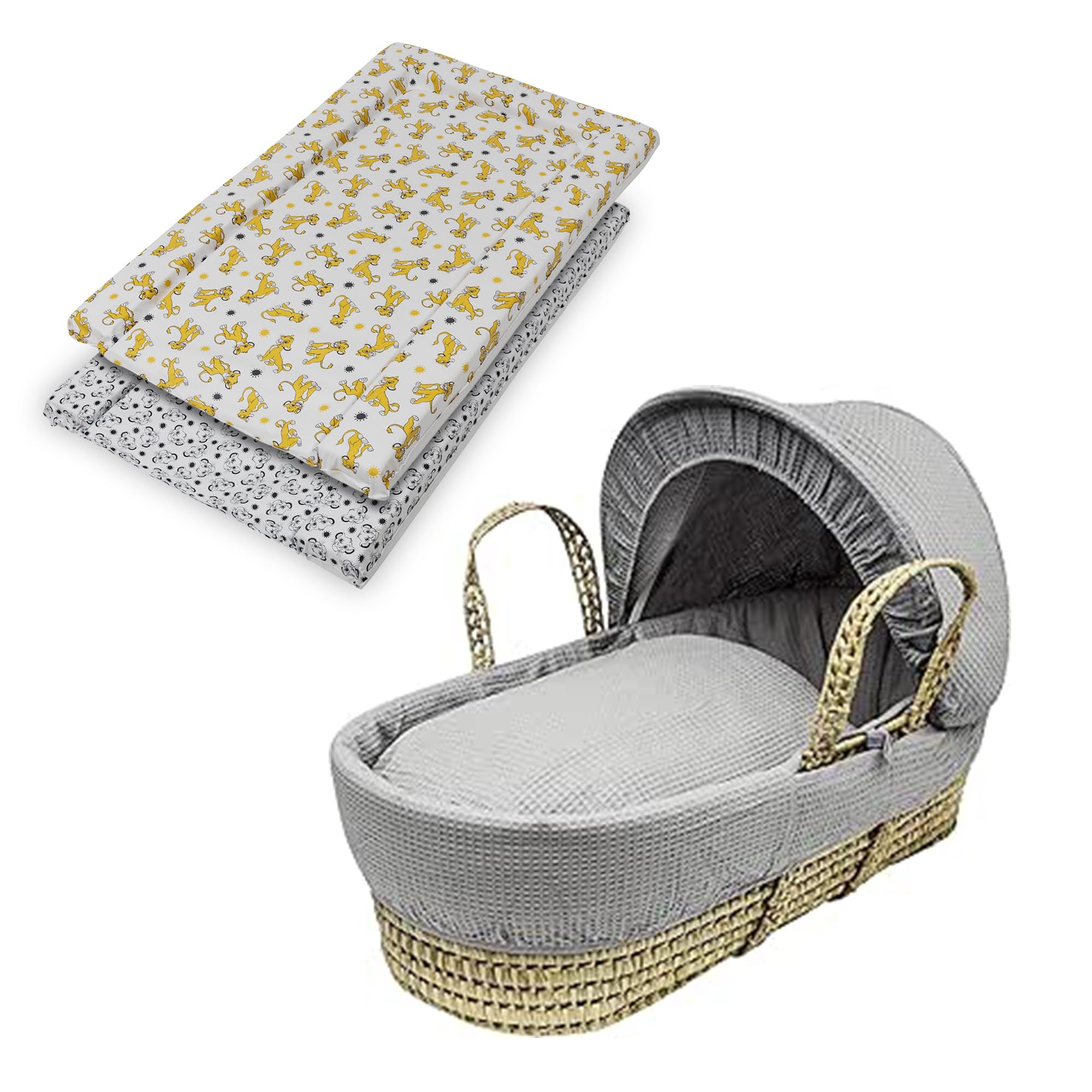 Moses Basket with Changing Mat(Lion King Theme) also Includes Adjustable Hood, Fibre Mattress & Padded Liner | (Grey Waffle)