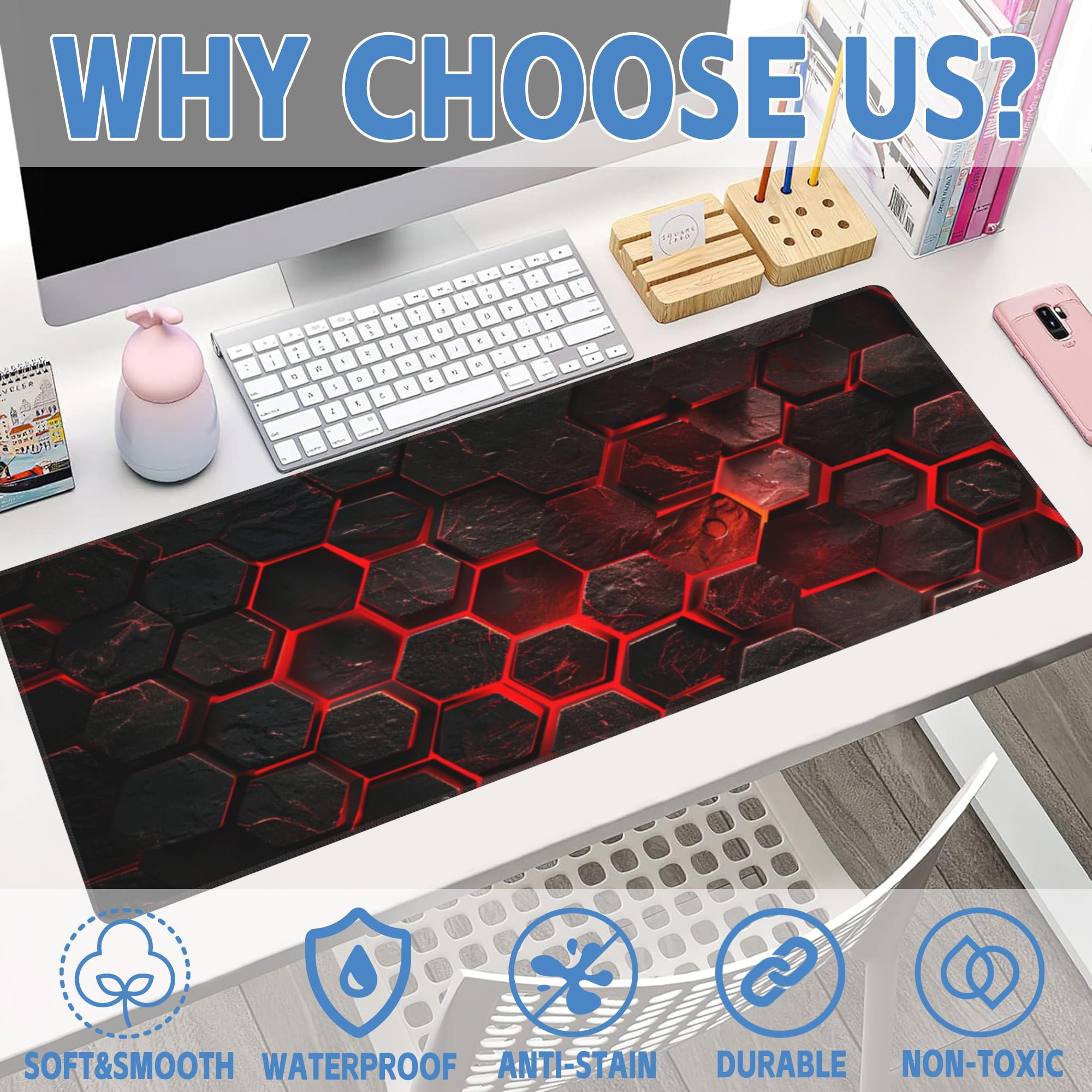 Alfombrilla de mouse grande para juegos, alfombrilla de escritorio con tecnología científica de panal rojo, almohadilla de escritorio hexagonal de panal, alfombrilla de mouse extendida para teclado de