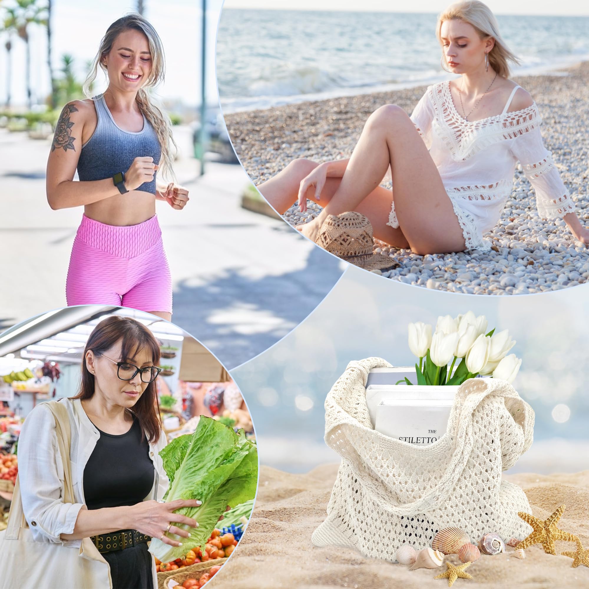 beifon Strandtasche Damen Sommer Boho, Gestrickte Tasche Beach Bag Netz Strandbeutel, Häkeltasche Mesh Gehäkelt Handtasche, Tote Bag Netztasche Umhängetasche Sommertaschen für Reisen, Alltag