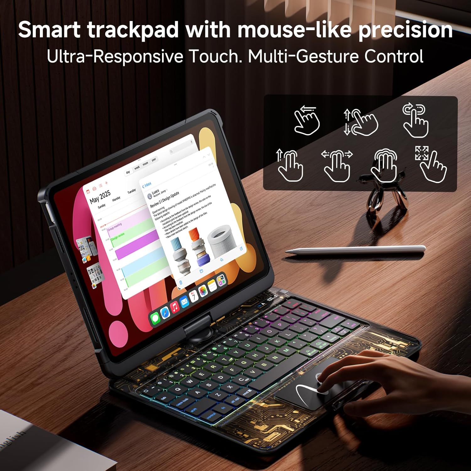 Clear Wireless Keyboard Case for iPad mini 7 A17 Pro (2024)/ Mini 6 (2021) 8.3" w/Multi-Touch Trackpad, 7-Color Backlit, Pen Holder, 360 Rotating Case for iPad mini 7th/6th Generation,Black
