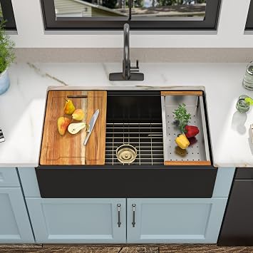 33 Black Farm Sink Workstation - Fulorni 33 Inch Farmhouse Kitchen Sink Workstation with Slide Ledge Apron Front Reversible Matte Black Ceramic Porcelain Fireclay Single Bowl Farmer Style Basin