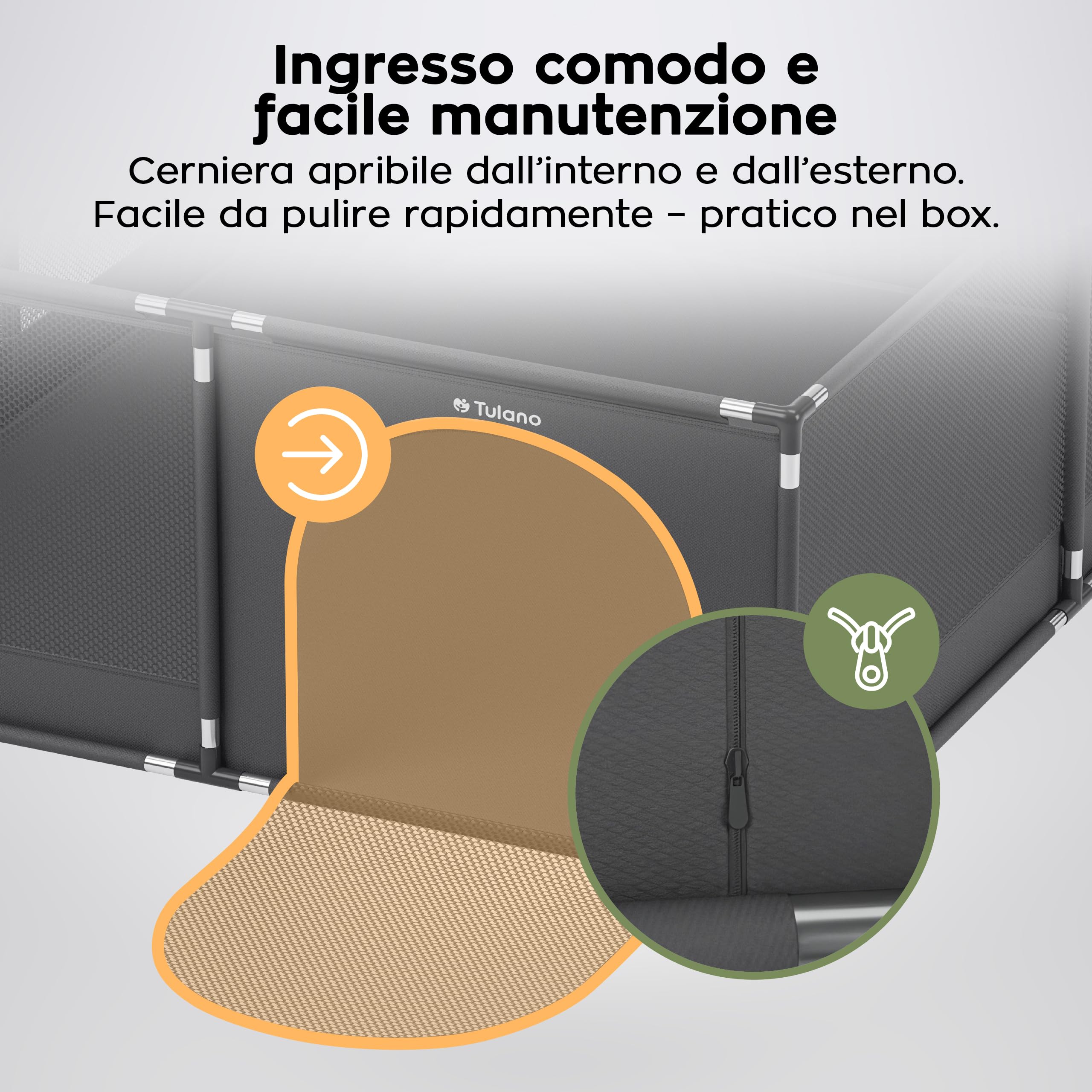 Tulano Cozy 25 Box per Bambini 150x180 cm 6-36 mesi Recinto Neonato con Fondo Struttura in Metallo Rete Traspirante Porta con Cerniera Borsa Inclusa Grafite