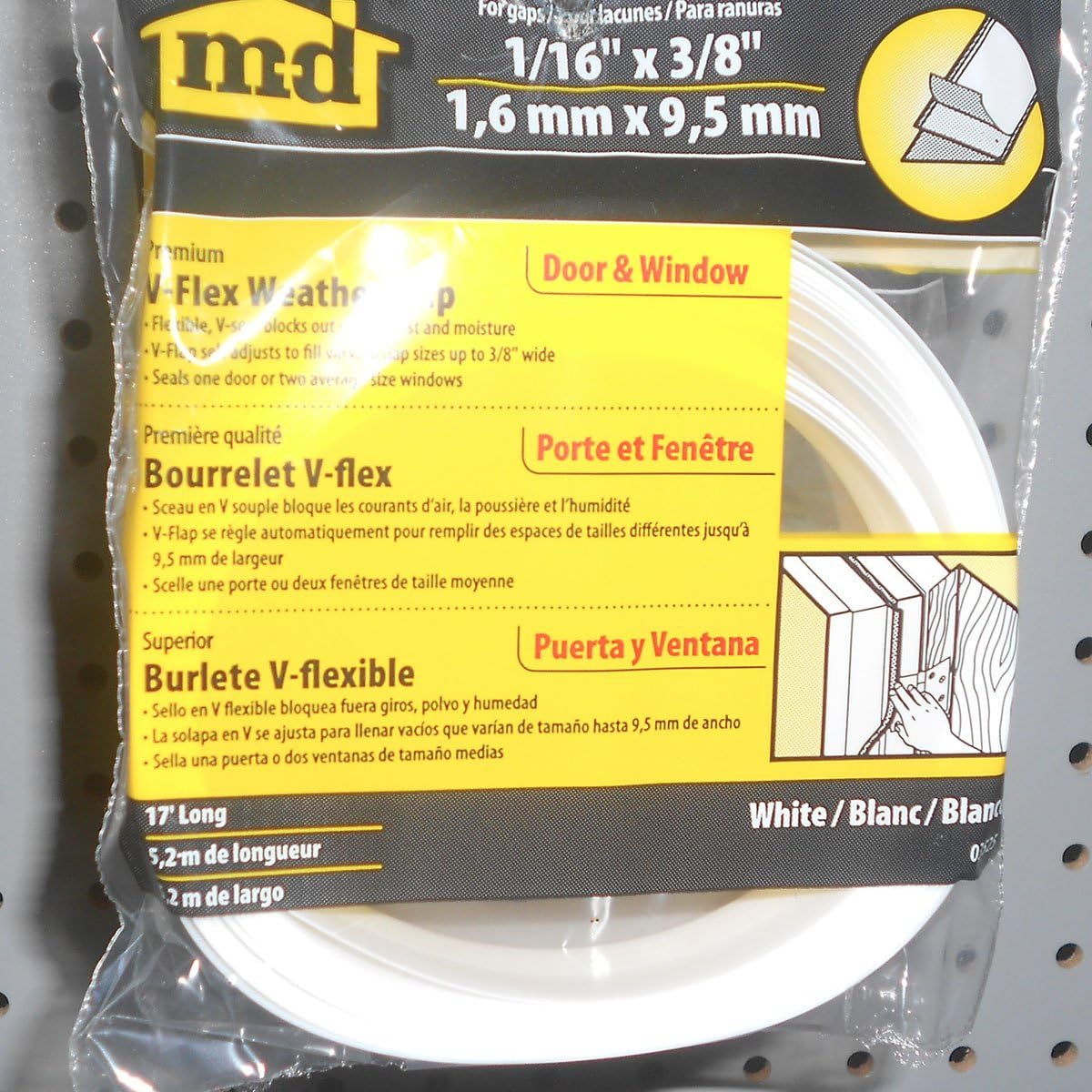 M-D Building Products 3525 M-D 0 V-Flex Weather-Strip with Adhesive Back, 17 Ft L X 7/8 in W, Polypropylene, 1 Pack, White - Duct Tape - 