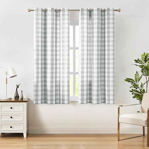 Amzdecor Cortinas a cuadros de búfalo con ojales de 63 pulgadas de largo, cortinas semitransparentes texturizadas para sala de estar y dormitorio, 2