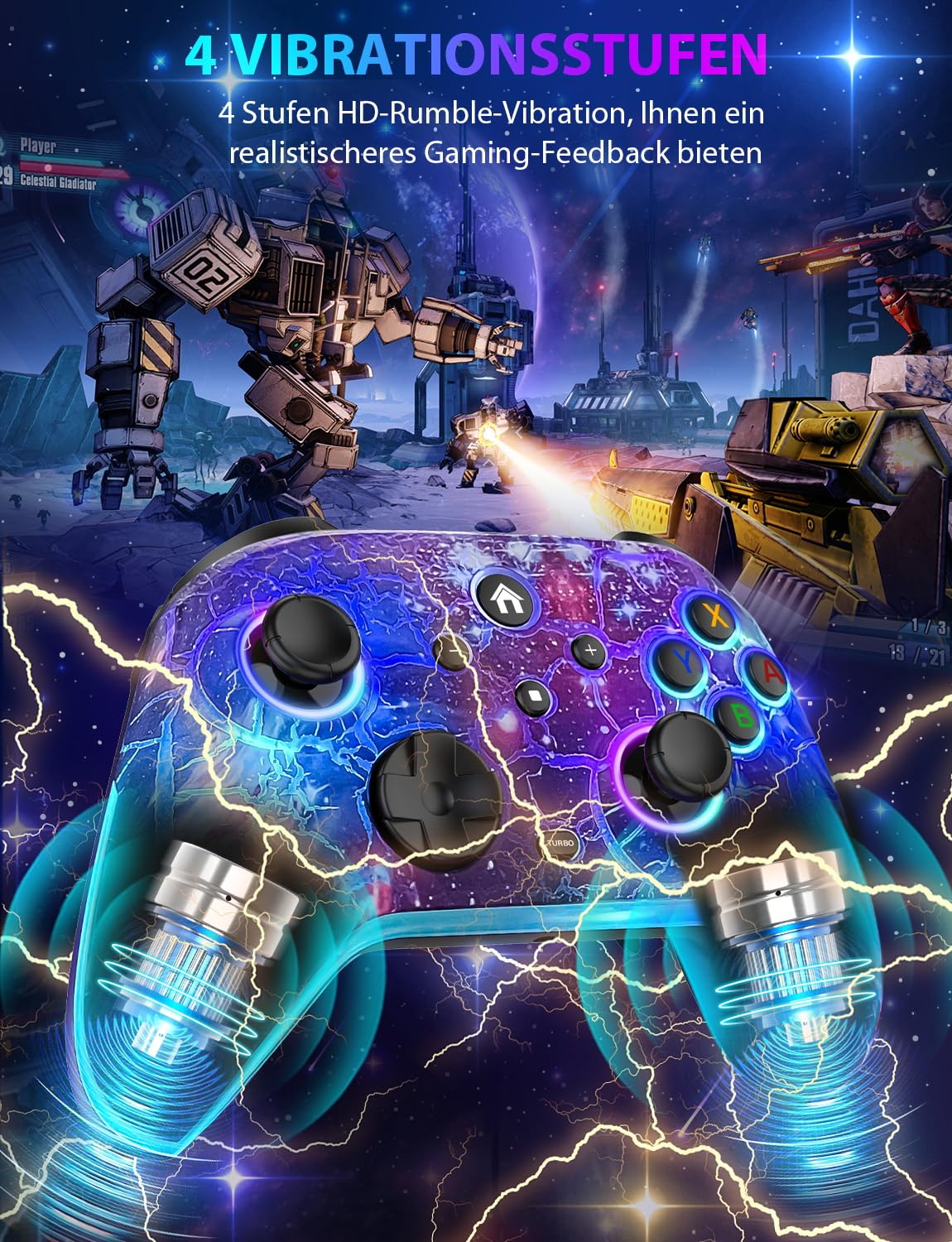 Switch Pro Controller für Nitendo Switch/Oled/Lite/Switch 2 - 1200 mAh Wiederaufladbar Wireless Switch Controllers mit 9 RGB Licht, Programmierbar, Wake Up Funktion, Turbo, Vibration - Sternenhimmel