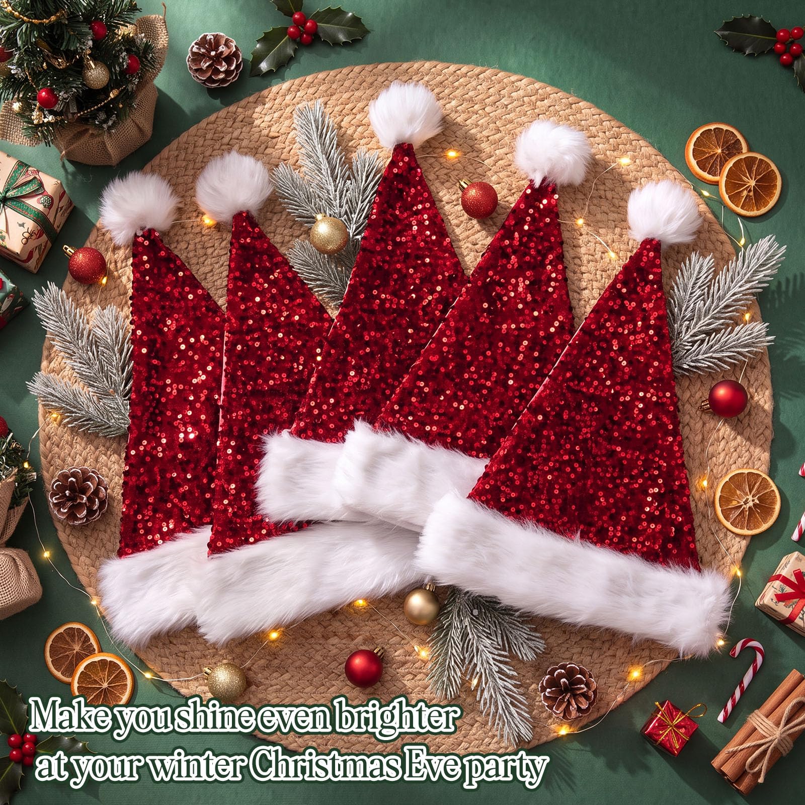 Jadive Pailletten-Weihnachtsmannmützen für Erwachsene, glitzernd, Weihnachten, Urlaub, Party, Kostüm, Hüte, Großpackung für Damen und Herren, Weihnachts-Partyzubehör