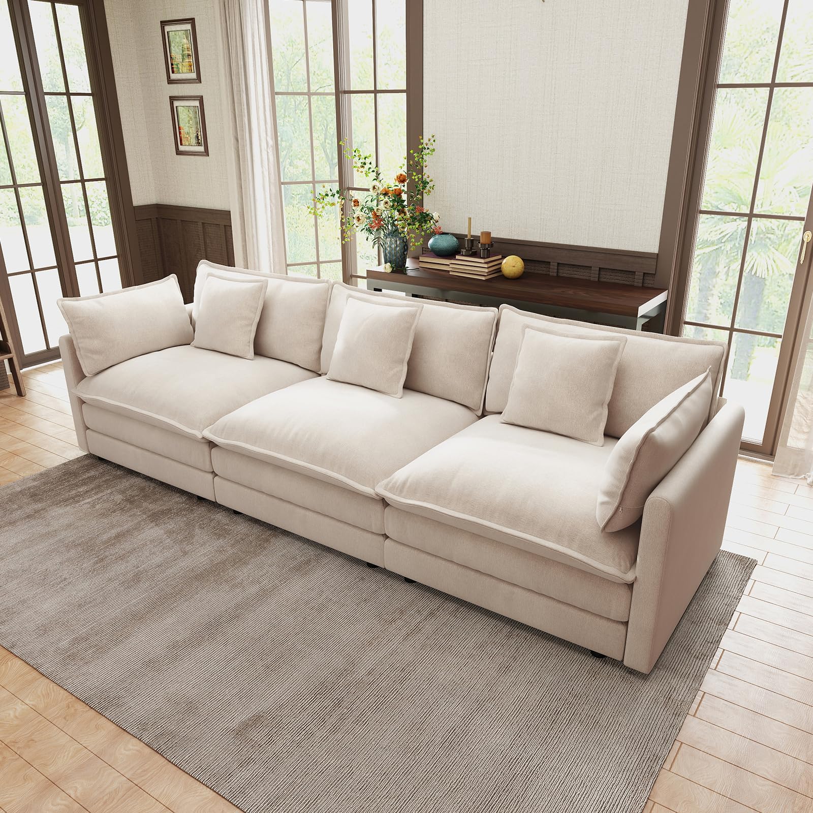 111.5" Khaki Chenille 3 Seater Sofa, Modern Deep Seat Cloud Couch