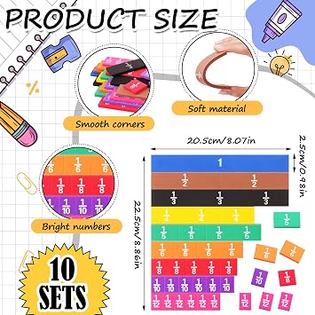 Sayglossy 10 Sets Fraction Set for Math Classroom Fractions Manipulatives Math Manipulatives for Home School Supplies (Tiles)