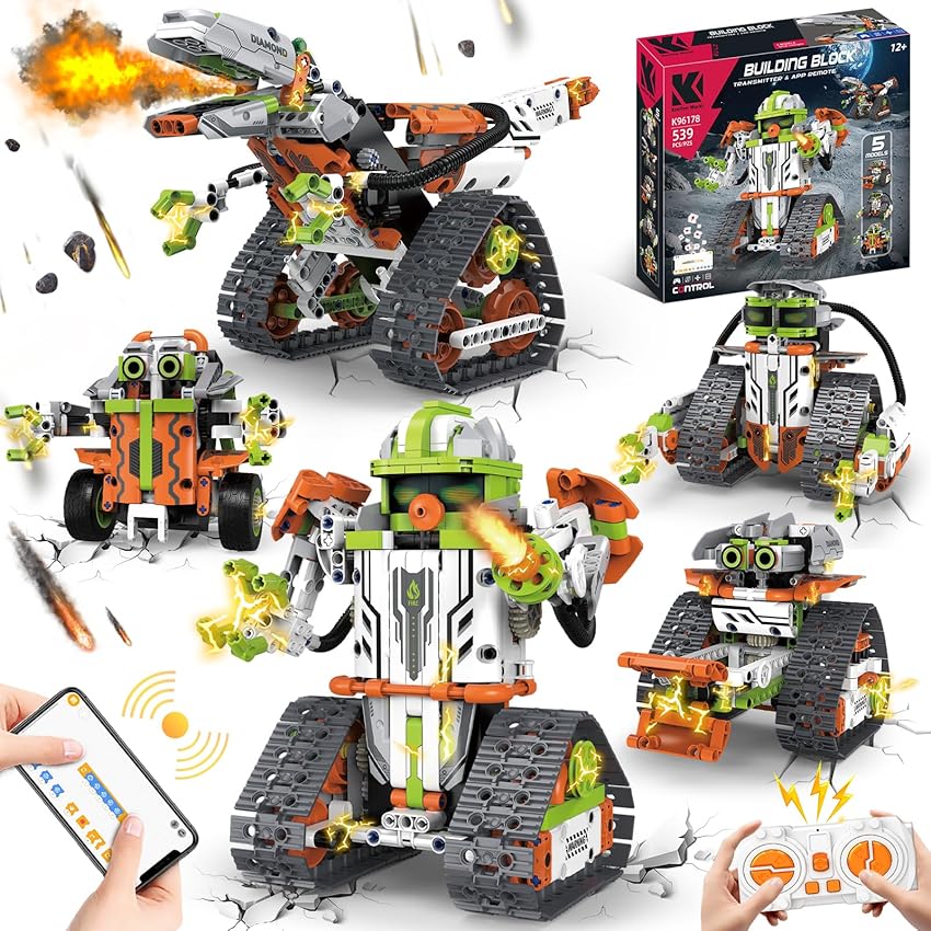 Ulikey Tecnologia Robot Telecomandato per Bambini, 5 in 1 Giocattoli da Costruzione con App e Telecomando, Giocattoli Robotizzati Costruibili Robot,Bulldozer,Escavatore,Regalo per Bambini (Verde)
