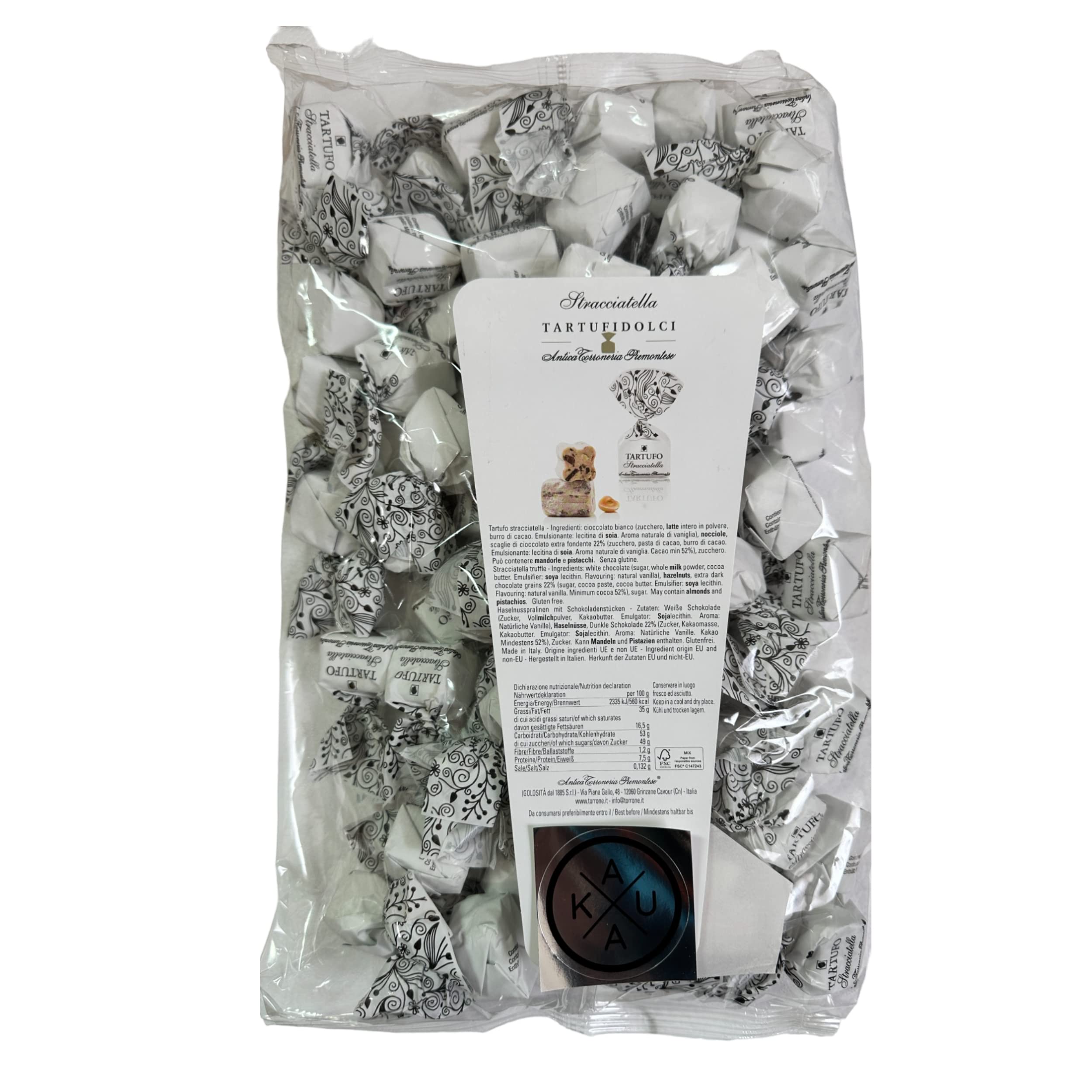 Antica Torroneria Piemontese - Italienische Tartufi dolci alla stracciatella, Kaukau Edition, 1kg Beutel, Schokoladentrüffel mit Piemont-Haselnüssen
