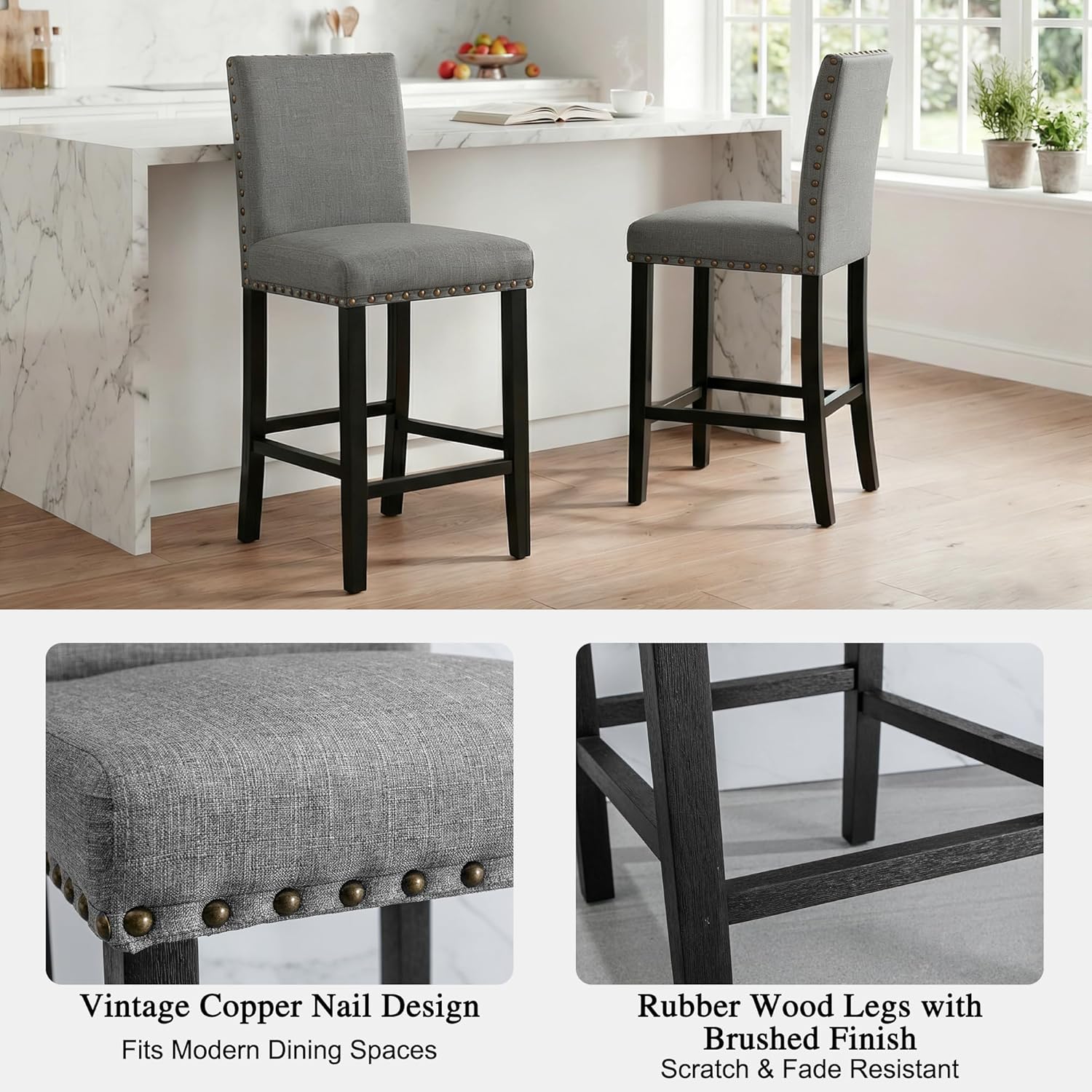 GOTMINSI Bar Stools Set of 4,Nailhead 24 Inches Counter Height Bar Stools for Kitchen Island Upholstered Barstools with Solid Wood Legs for Kitchen, Dining, Bedroom (Grey)