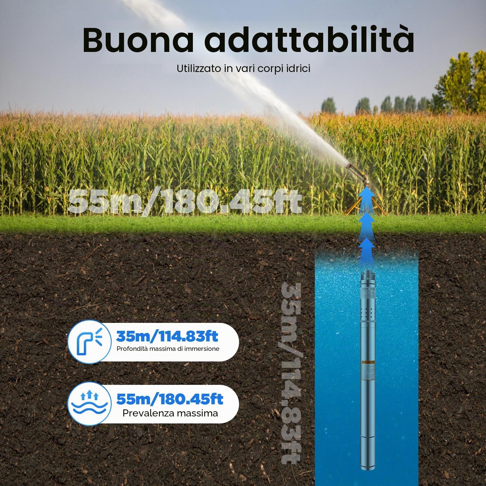 Pompa per fontana profonda da 2 pollici, pompa sommersa con interruttore a pressione in acciaio inox 1000 L/H, 0,37 KW, 55 m, altezza di mandata, pompa dell'acqua per irrigazione giardino