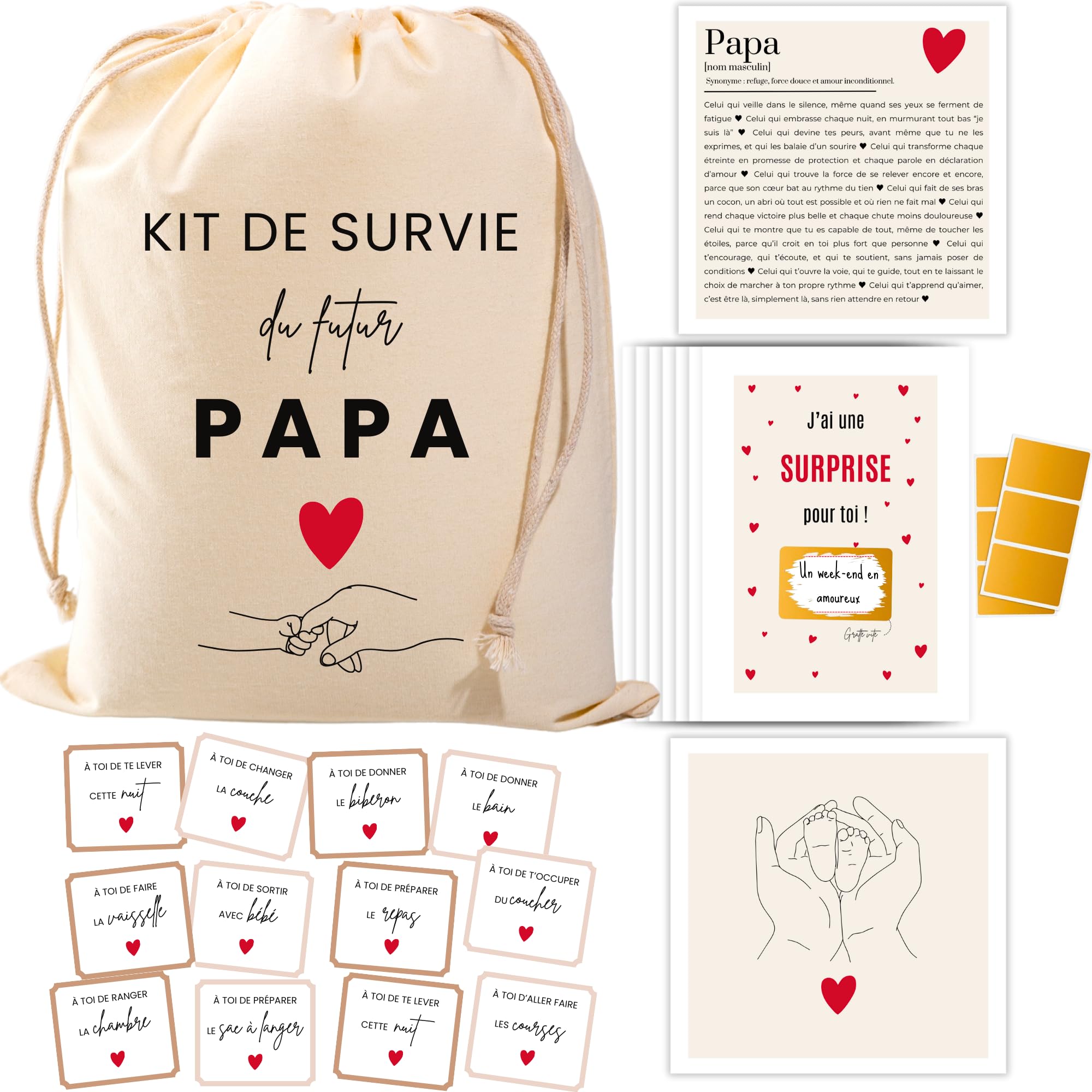 Kit de Survie pour Futur Papa - Boîte à Papa Cadeau de Naissance - Pochon en Coton Bio avec Cartes à Gratter & Bons Joker - Idéal pour Baby Shower, Annonce de Grossesse, Gender Reveal