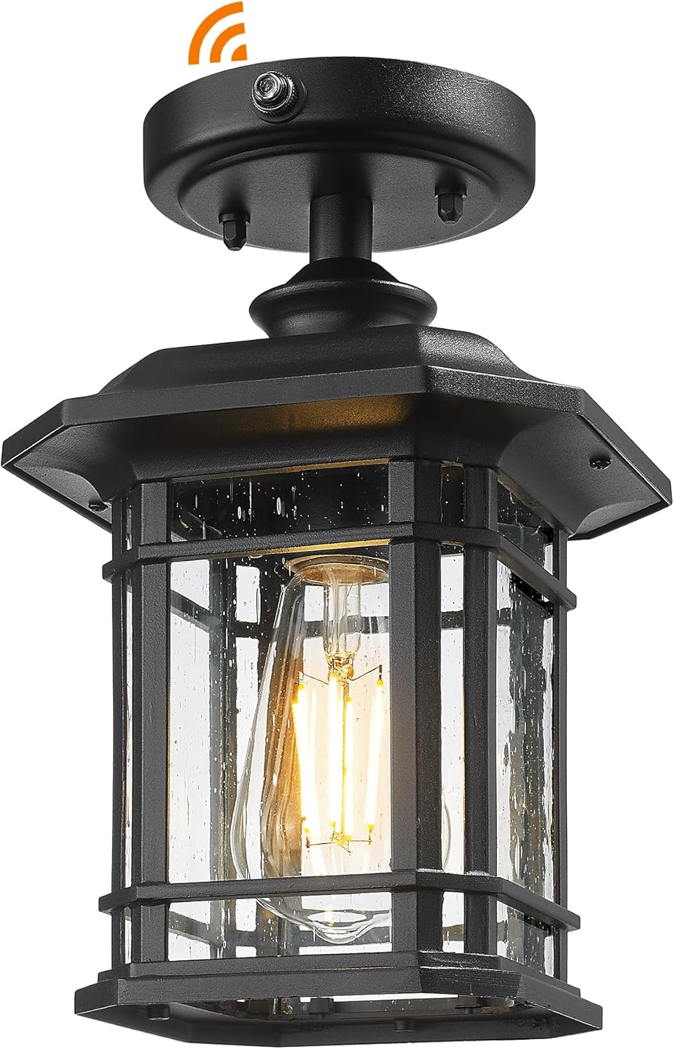 Emliviar Dusk to Dawn Industrial Semi Flush Mount Ceiling Light, 1-Light Outdoor Ceiling Light Fixture with Seeded Glass, Black Finish, 2084F-PC BK