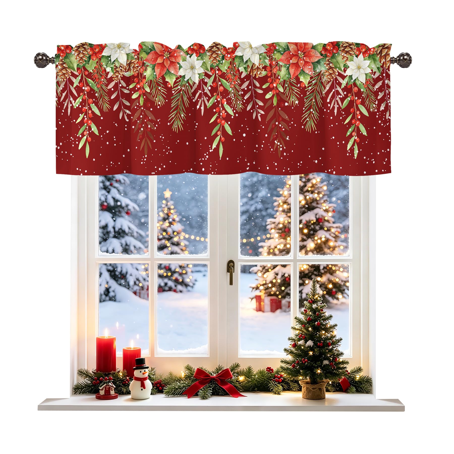 Christmas Green Leaves Xmas Tree Valance for Windows, Rod Pocket Short Curtain Topper for Kitchen Bathroom Laundry Basement, 42W x 12L Inch