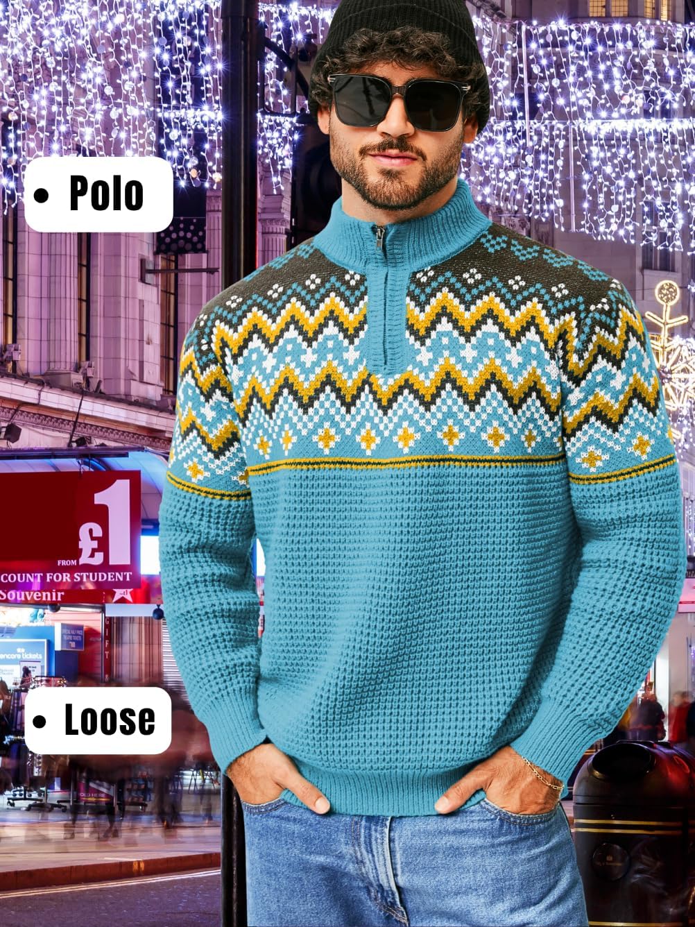 ChiaoLezhee Men's Quarter Zip Fair Isle Sweater, Pullover Waffle Knitted Stand Collar, Nordic Vintage Long Sleeve Fits 32-42