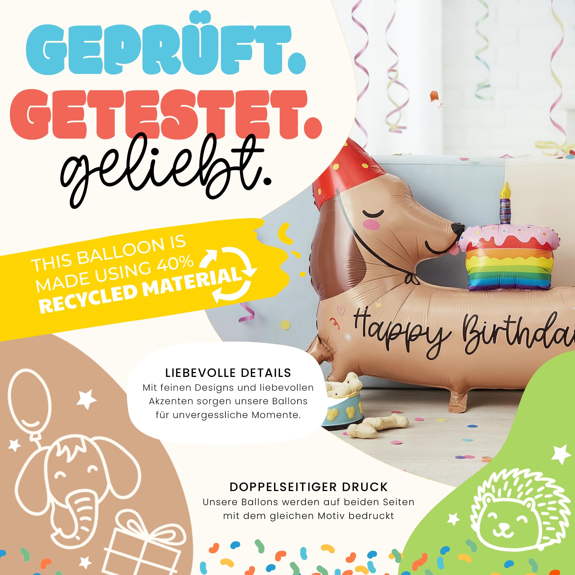 Palloncino XXL per cani bassotto Happy Birthday, palloncino a elio, palloncino a elio, decorazione per feste di compleanno, motivo cane, per ragazzi e ragazze, regalo di compleanno per bambini