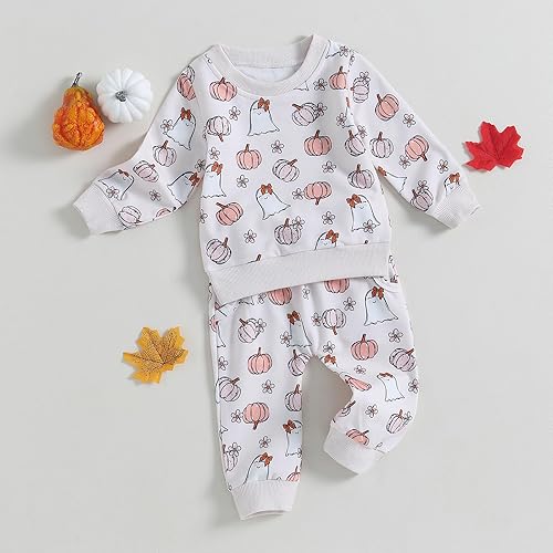 Miniatura 2 de Ropa de bebé de Halloween, 2 piezas, linda sudadera de manga larga con estampado floral de calabaza, conjunto de sudadera y pantalones para niños y