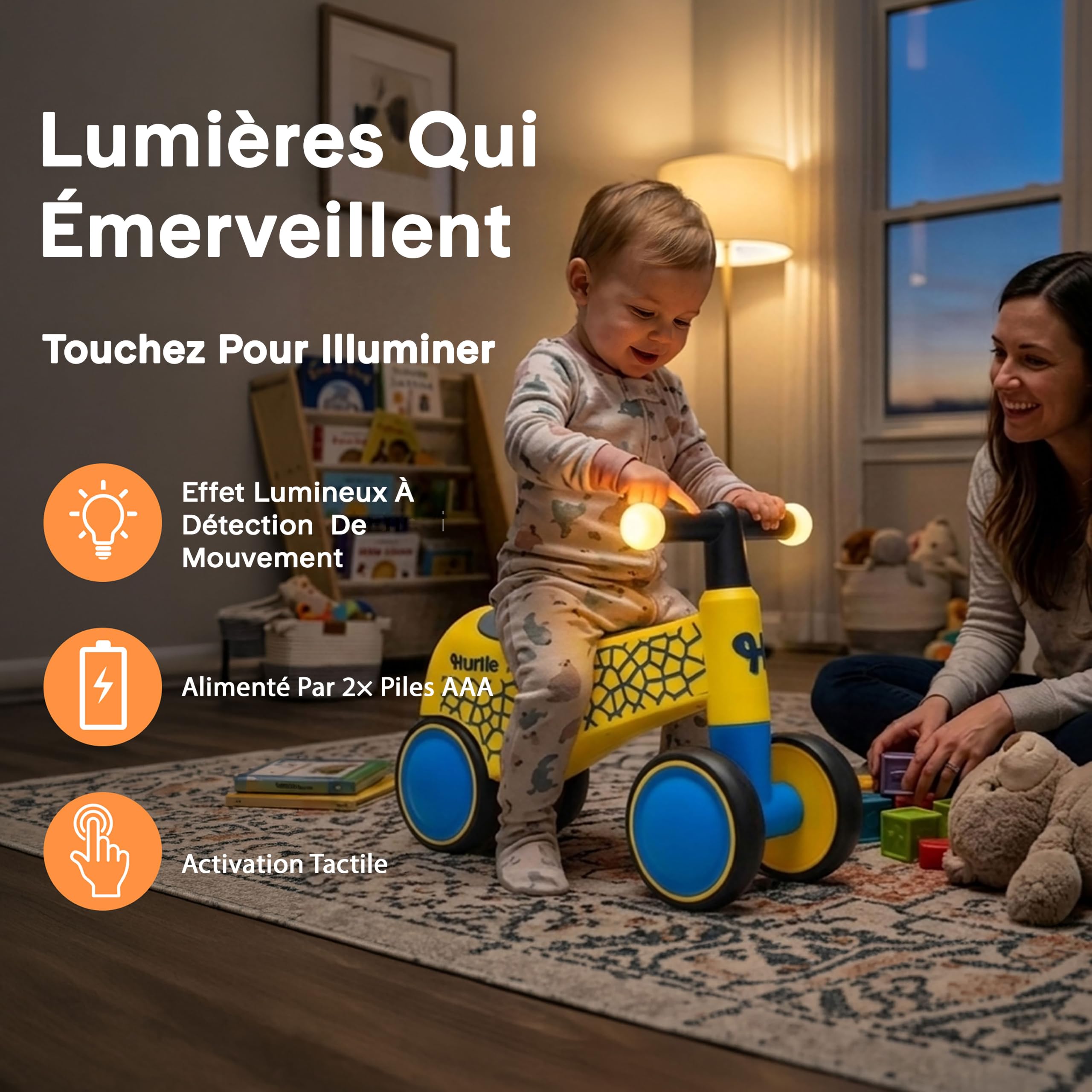 Hurtle Draisienne Bébé 4 Roues LED | 18–36 Mois | Vélo Équilibre 2 Ans Item Highlights: Guidon LED interactif, Stabilité 4 Roues, Rotation 135°, Siège rembourré, Charge 25 kg