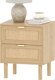 Rattan Nightstand with 2 Drawers, Boho Bedside Table with Large Storage, Modern End Table Side Table with Solid Wood Legs, Night Stand for Bedroom, Dorm