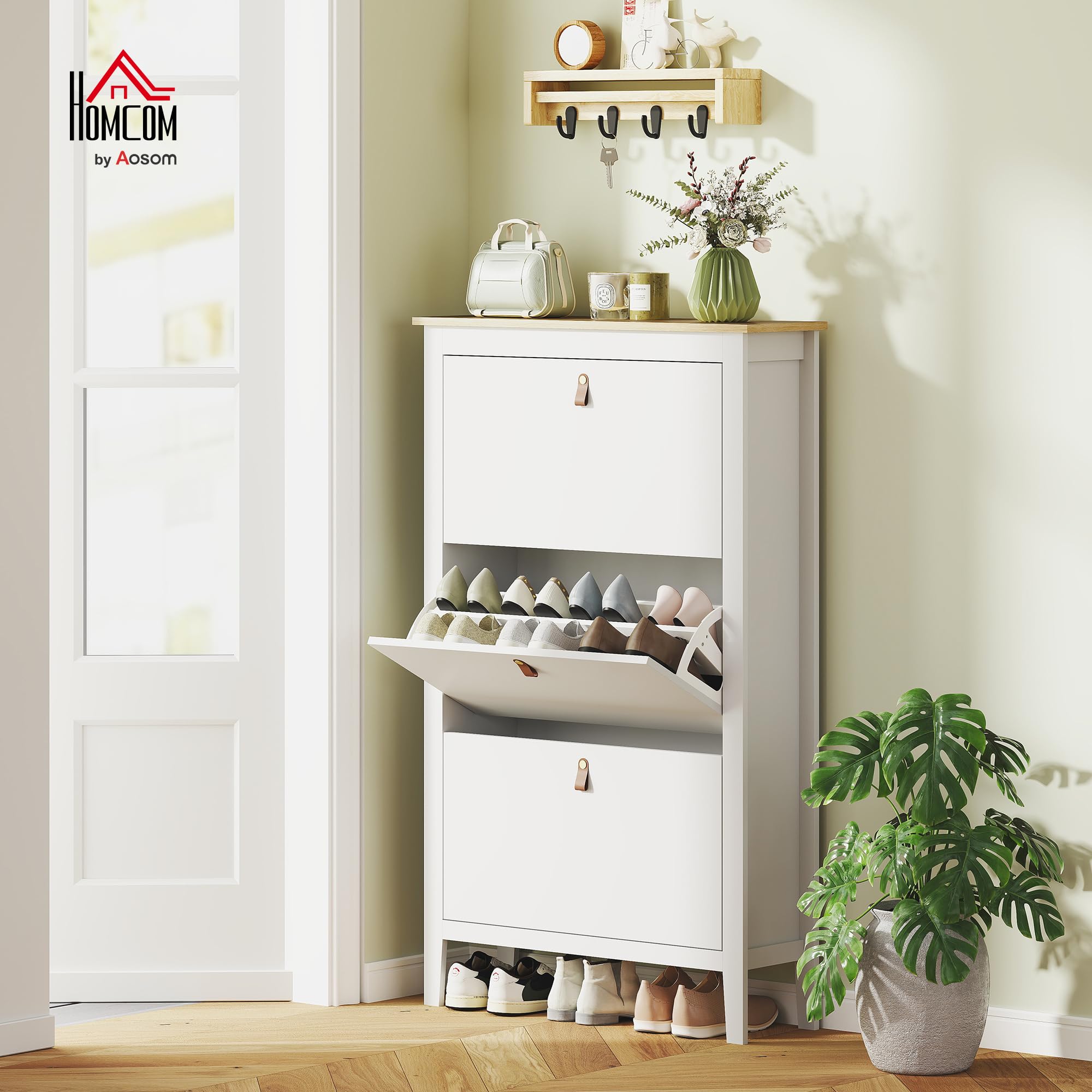 HOMCOM Zapatero Estrecho 4 Puertas, Zapatero Entrada Recibidor, Estantes Ajustables, Tiradores de PU, para 20 Pares de Zapatos, para Pasillo, Espacios Reducidos, 80x24x131 cm, Blanco
