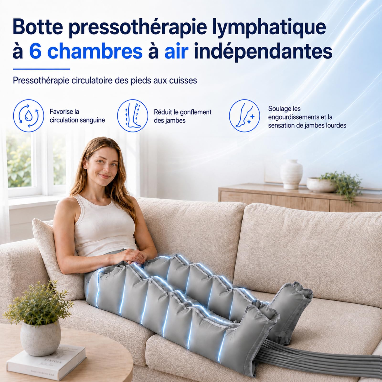 Bottes Pressothérapie Lymphatique, Drainage Lymphatique Jambes 6 Cavités, Minuterie 0-30 Min et Pression 0-240 mmHg Réglables, Diminue Les Gonflements et la Fatigue Chronique