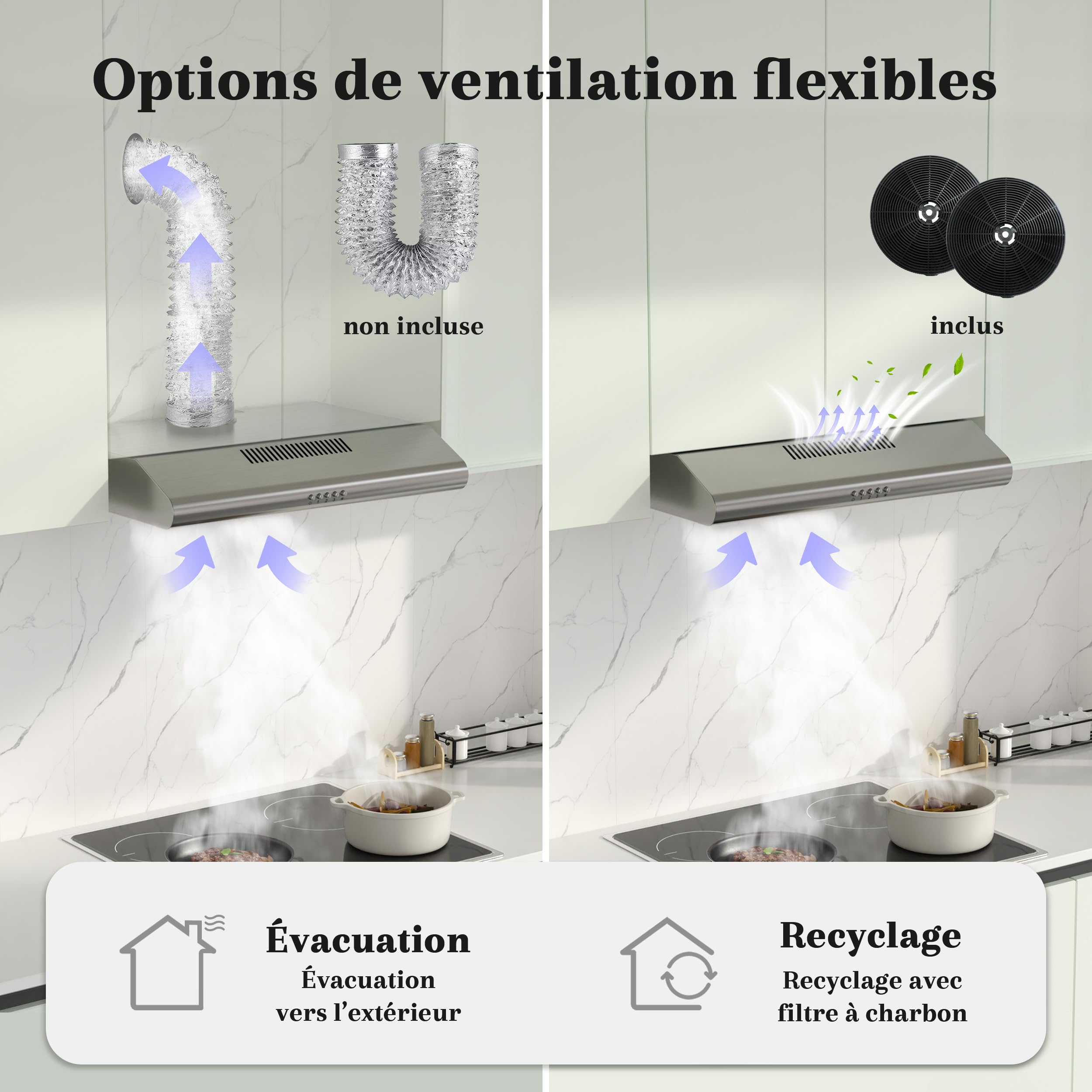 FIREGAS Hotte Aspirante 60cm Classe A++, Moteur Brushless Ultra Silencieuse 46dB, Débit 319m³/h, Hotte Cuisine Inox avec Filtre à Charbon, Évacuation Top/Arrière ou Recyclage, Argenté