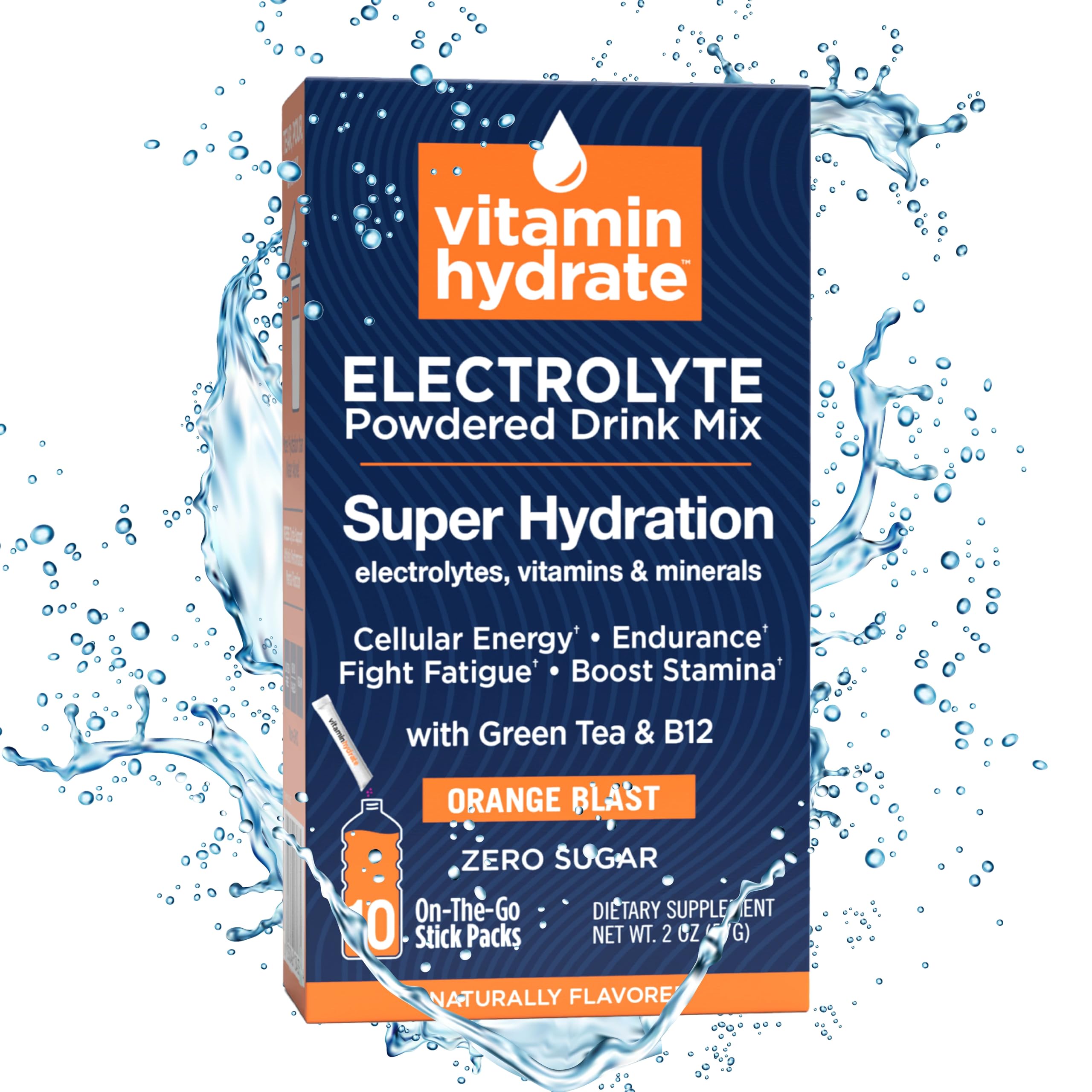 Vitamin Hydrate Electrolyte Powdered Drink Mix, Super Hydration, Boost Stamina & Fight Fatigue, Bursting with Electrolytes, Vitamins & Minerals, 0 Sugar, Orange Blast, 10 Stick Packs