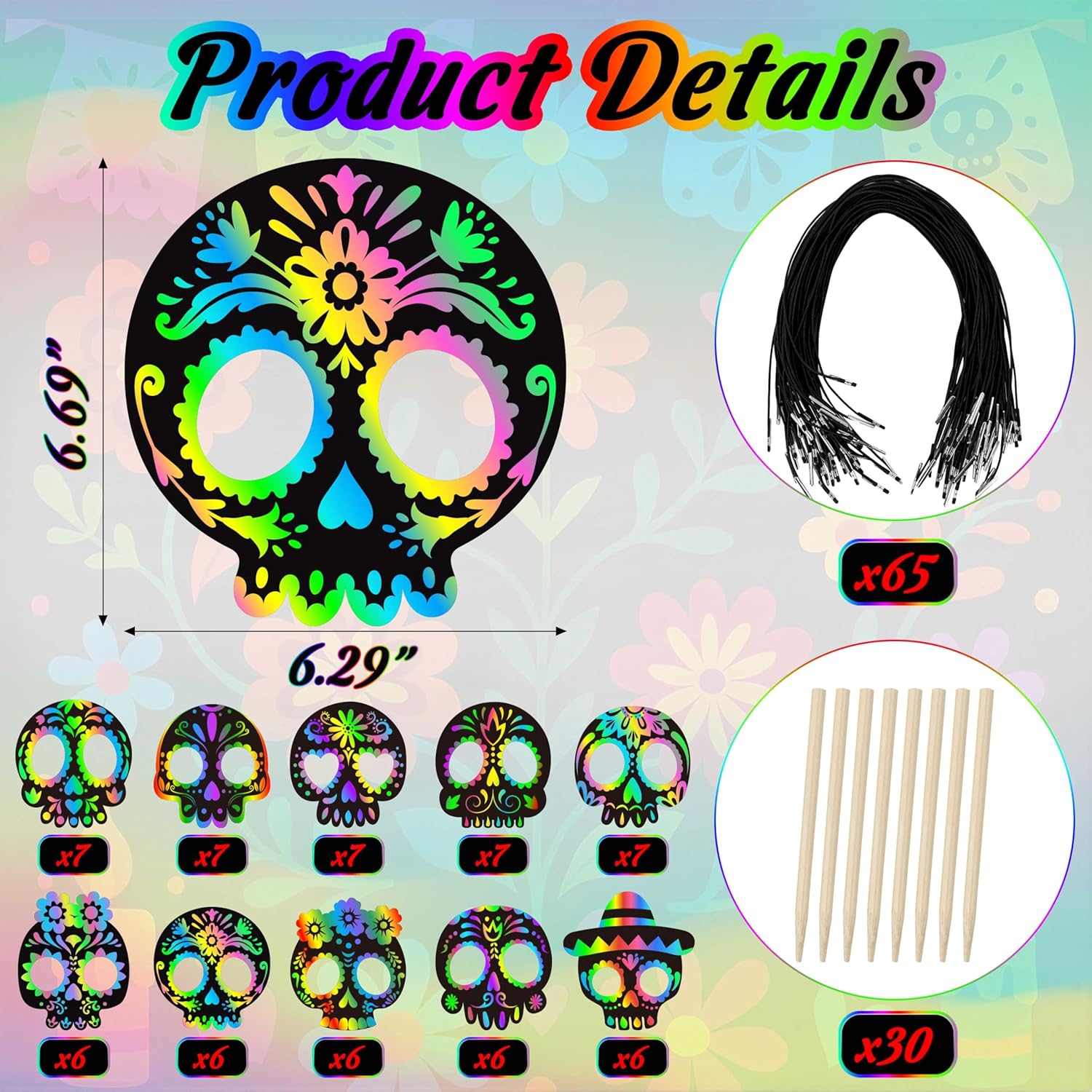 Eternity sky 65pcs Day of the Dead Mask Decorations – Dia de Los Muertos Rainbow Scratch Art Sugar Skull Crafts, Bulk Halloween Paper Kit for Kids, Pirate Party Favors